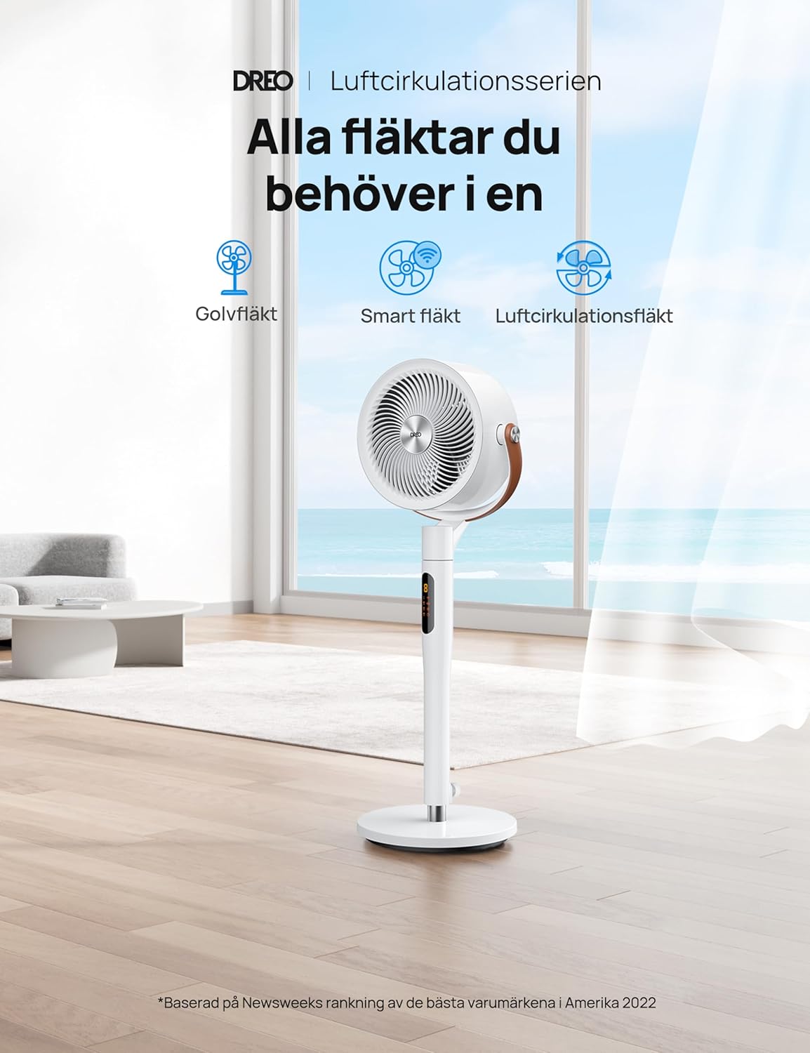 Dreo 25dB tyst smart stående fläkt, 30M vindavstånd, 1500m³/h luftvolym, turbo-luftcirkulator, 110CM höjd, 6 lägen, 8 hastigheter, 120°+105° omnidirektionell oscillering fläkt, PolyFan 513S