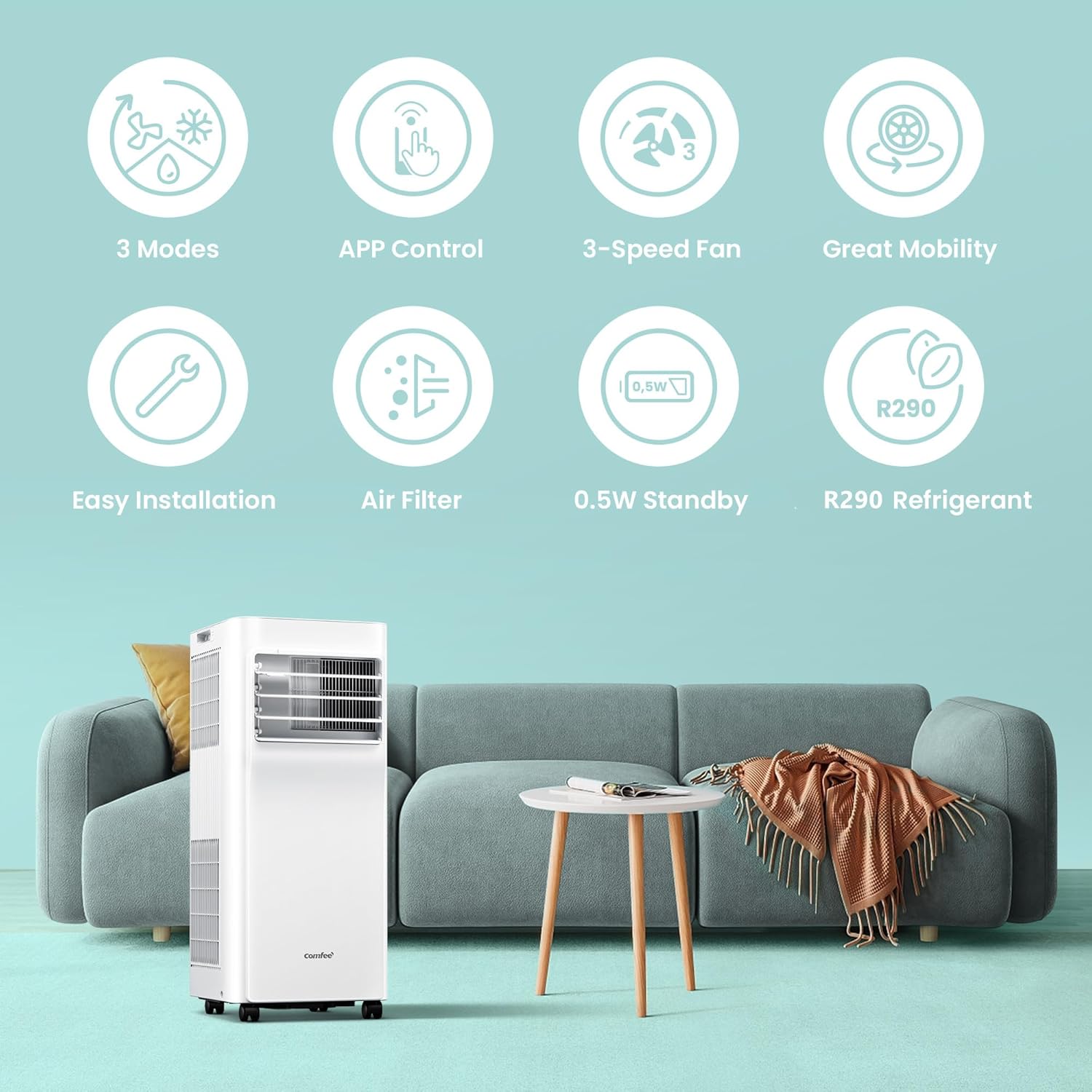 COMFEE Mobil luftkonditionering 9000 BTU/h 2,6 kW, APP-kontroll, 3 lägen, 3 ventilationshastigheter, kompakta storlekar, för 33 ㎡-delar, Breezy Cool 2.6, Fungerar med Alexa