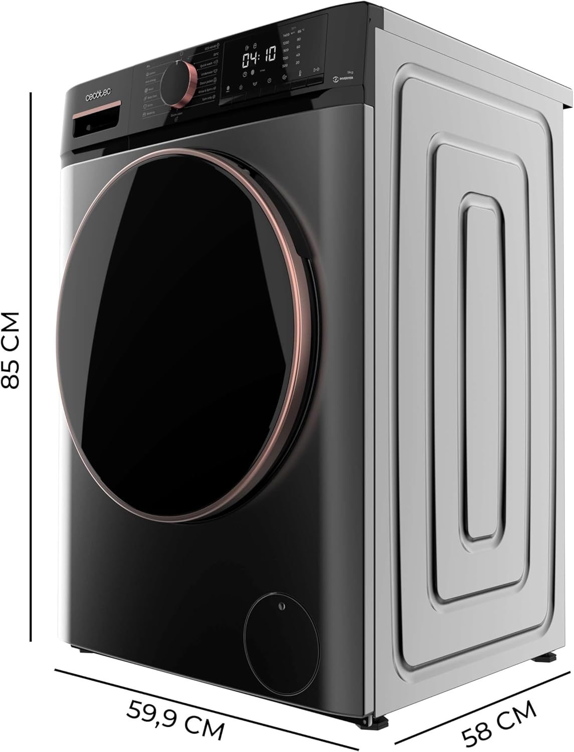 Cecotec 9 kg Bolero Dresscode 9610 Inverter Steel A. 2 000 W, 1 400 rpm, ångfunktion, inverter Plus-motor, 15 program, optimerar vattennivån och tvättiden