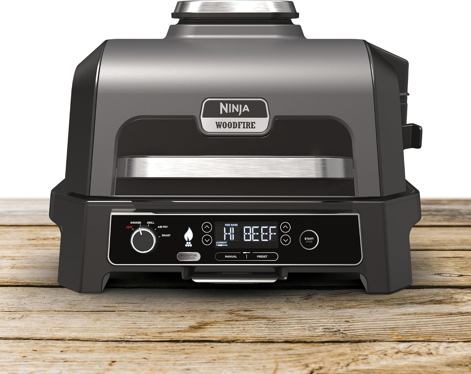 Ninja Woodfire Pro XL Electric Grill, Large 4-in-1 Outdoor Grill with Smoker and Hot Air Fryer with Smart Cooking System and Integrated Thermometer, Wood Fire Pellet, Weatherproof, Portable,