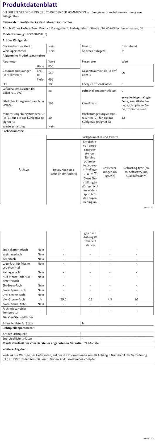 Comfee RCC100WH2(E) Freezer/169kWh/Year/85cm High/99L/38dB/Low Volume/High Efficiency D-Shaped Tube/Suitable for Different Use Scenarios/Adjustable Temperature Controller/White
