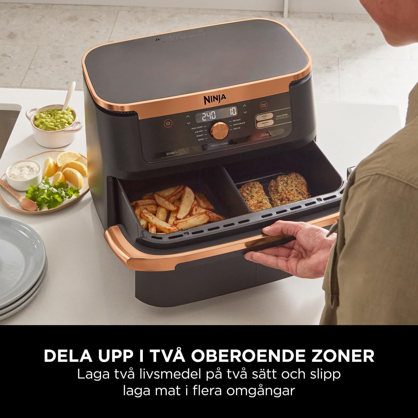 Ninja Foodi FlexDrawer Air Fryer, Double Zone with Removable Divider, Large 10.4L Box, 7-in-1, Double Zone, Usually No Oil, Nonstick Dishwasher Safe Parts, Copper/Black AF500EUCP