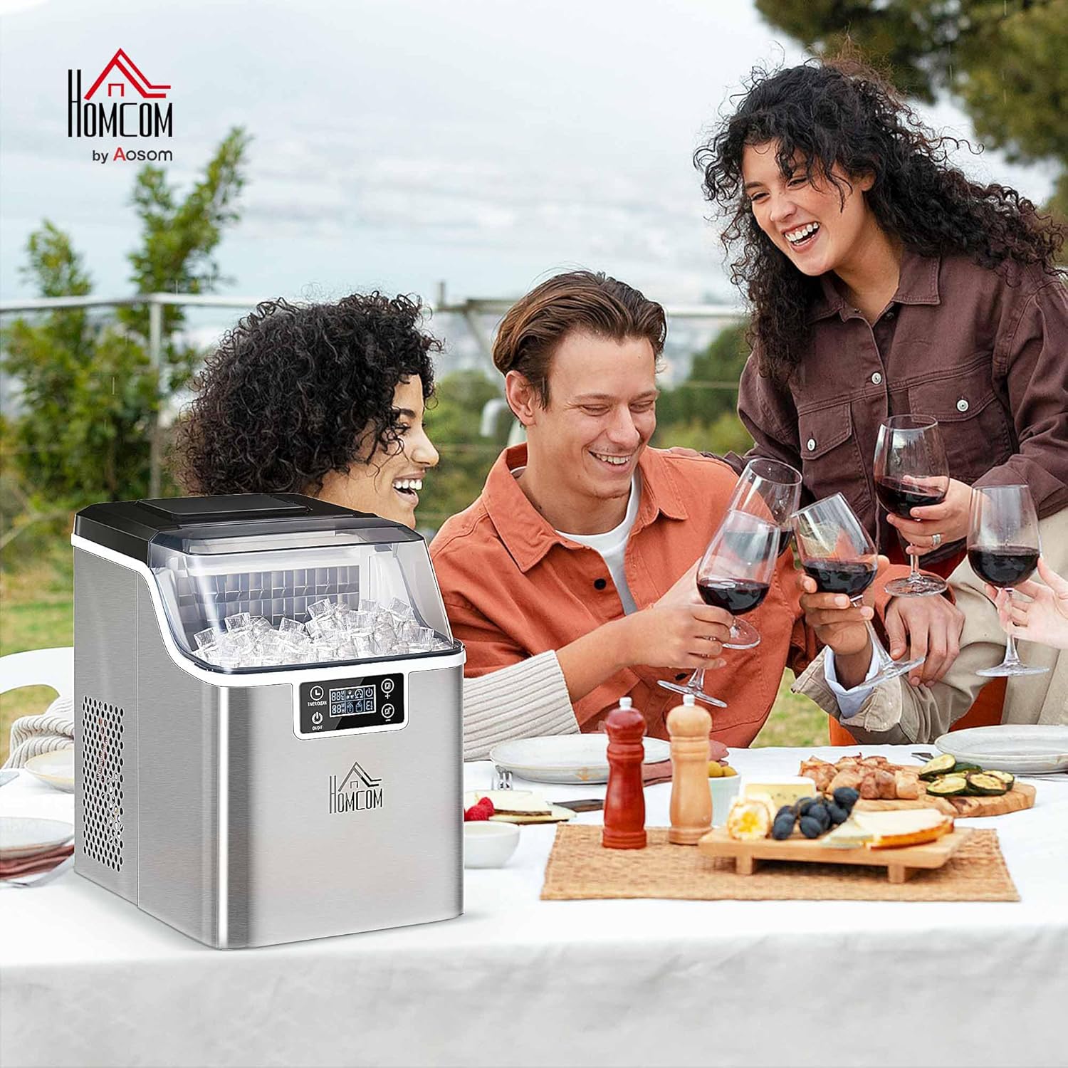 HOMCOM Isbitsmaskin 20 kg/24 h 2,3 l iskubsberedare med 3,2 L vattenbehållare display rostfritt stål silver 25,2 x 36 x 37,1 cm