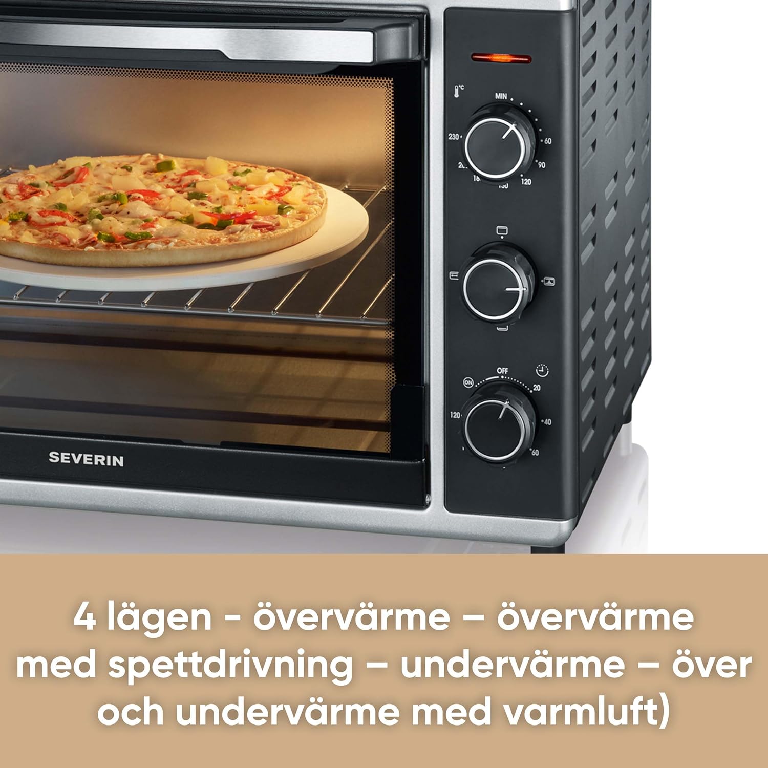 SEVERIN bak- och rostugn med varmluftsfunktion, miniugn med grillgaller, bakplåt, roterande spett och pizzasten, mångsidig varmluftsugn med 42 L kapacitet, 1 800 W, svart, TO 2058