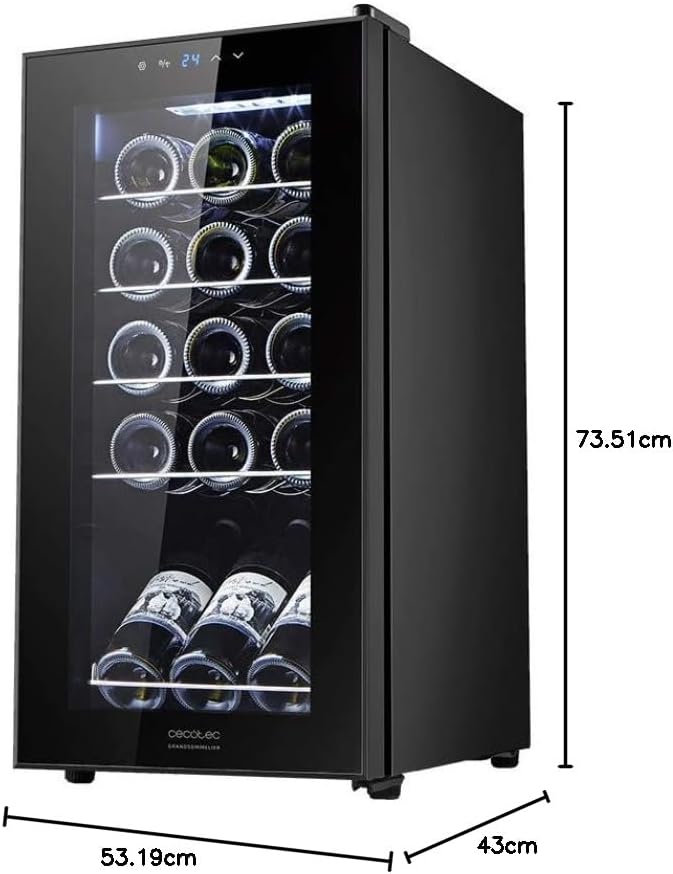 Cecotec vinkylskåp GrandSommelier 24000 svart kompressor. 24 flaskor med kompressor som garanterar hög prestanda. Justerbar temperatur och pekkontrollpanel
