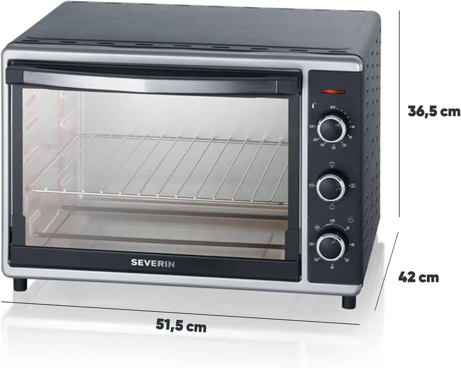 SEVERIN bak- och rostugn med varmluftsfunktion, miniugn med grillgaller, bakplåt, roterande spett och pizzasten, mångsidig varmluftsugn med 42 L kapacitet, 1 800 W, svart, TO 2058