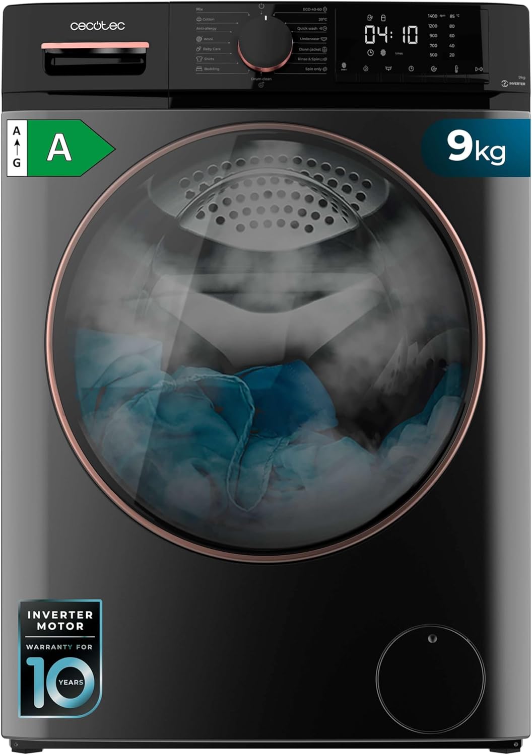 Cecotec 9 kg Bolero Dresscode 9610 Inverter Steel A. 2 000 W, 1 400 rpm, ångfunktion, inverter Plus-motor, 15 program, optimerar vattennivån och tvättiden