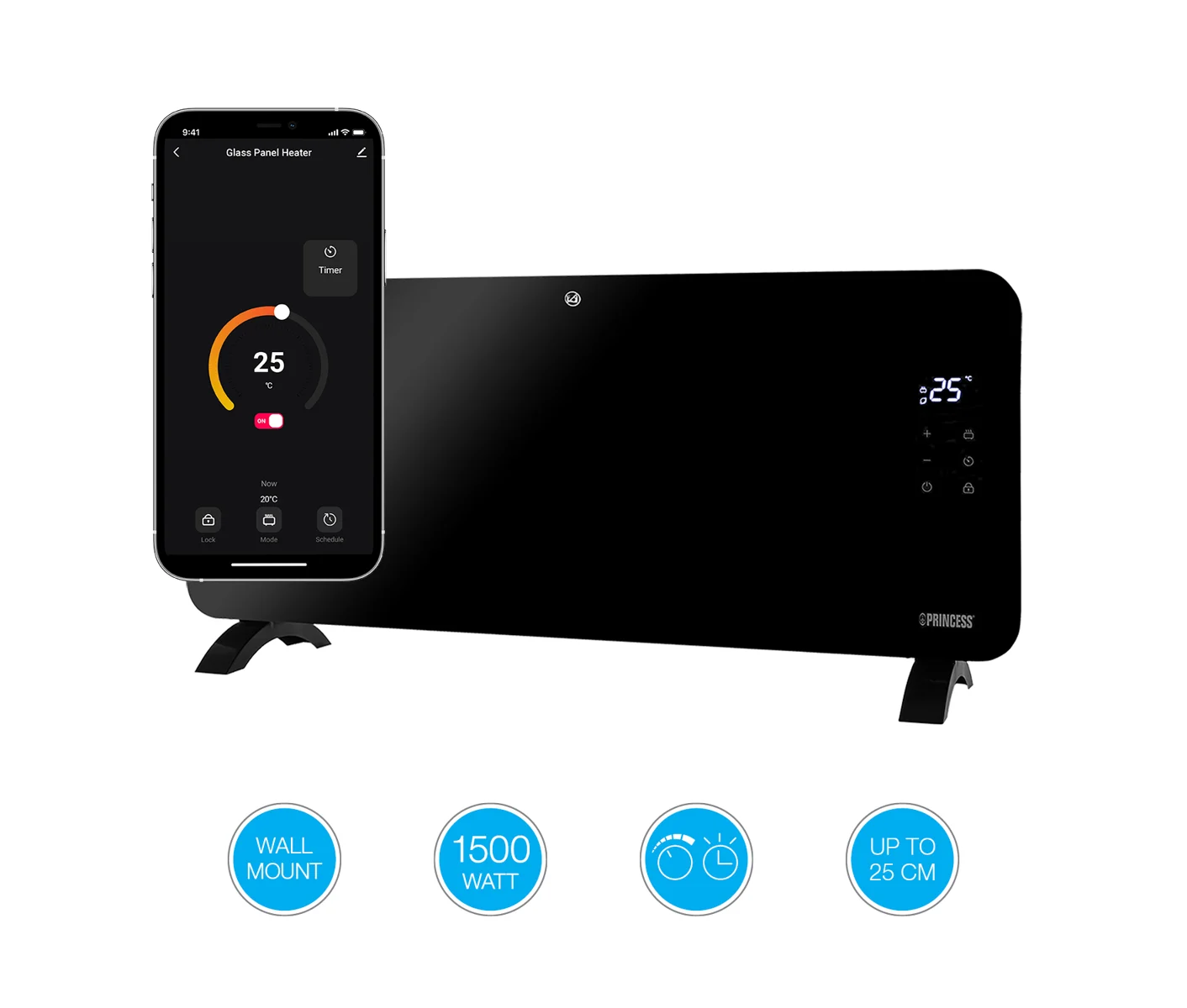 Princess Smart Glass Panel Heater 2000 black app controlled