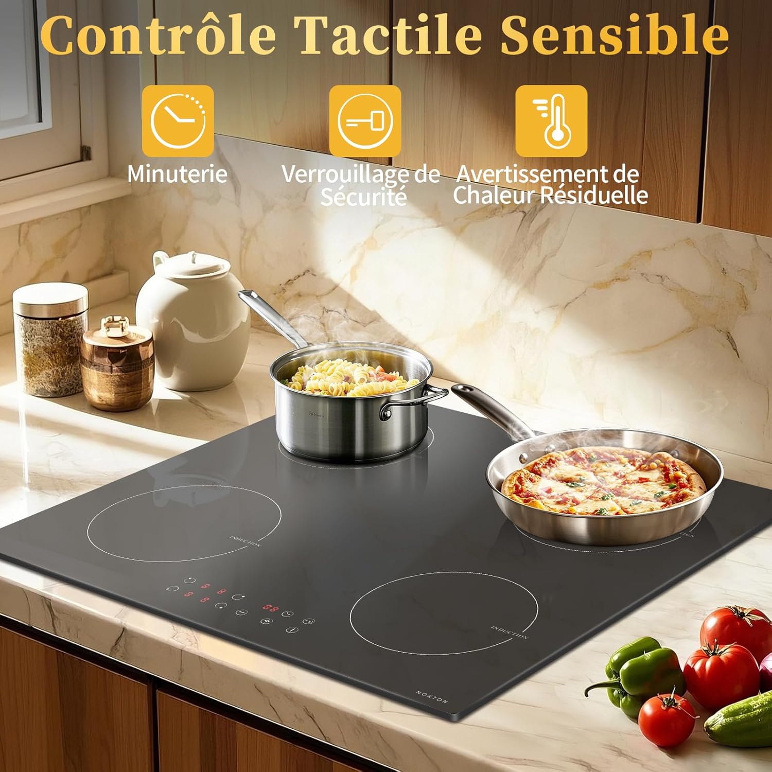 Noxton Induktionsplatta 60cm, 3500W, 220-240V 4-bränder, Touch-kontroll,Installation Plug, Touch-drift,9 Värmenivåer,1-99min timer, Barnsäker själv,Automatisk avstängning, B46414