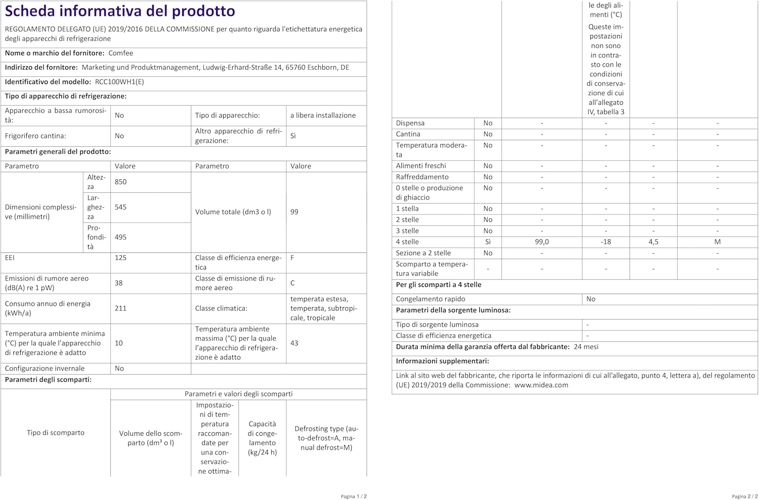 Comfee RCC100WH2(E) Freezer/169kWh/Year/85cm High/99L/38dB/Low Volume/High Efficiency D-Shaped Tube/Suitable for Different Use Scenarios/Adjustable Temperature Controller/White
