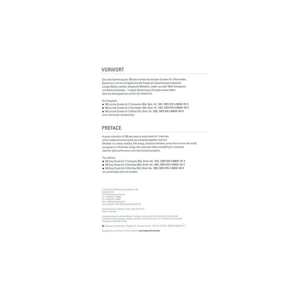 Hage Musikverlag 100 Leichte Duette Klarinette – Thomann Ireland