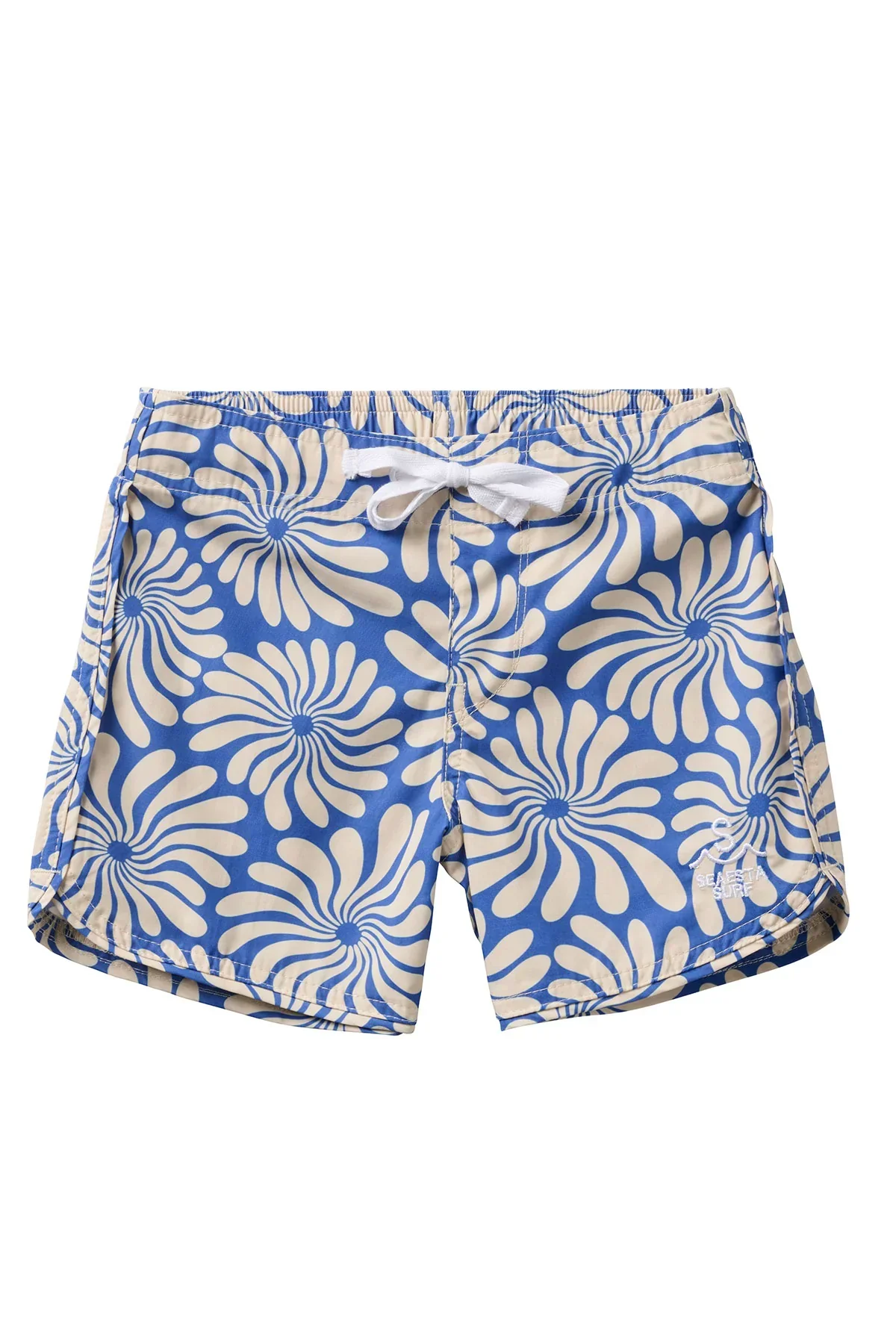 Seaesta Surf Boys Boardshorts – Scallop Retro Flare in Wavy Flowers Navy Blue