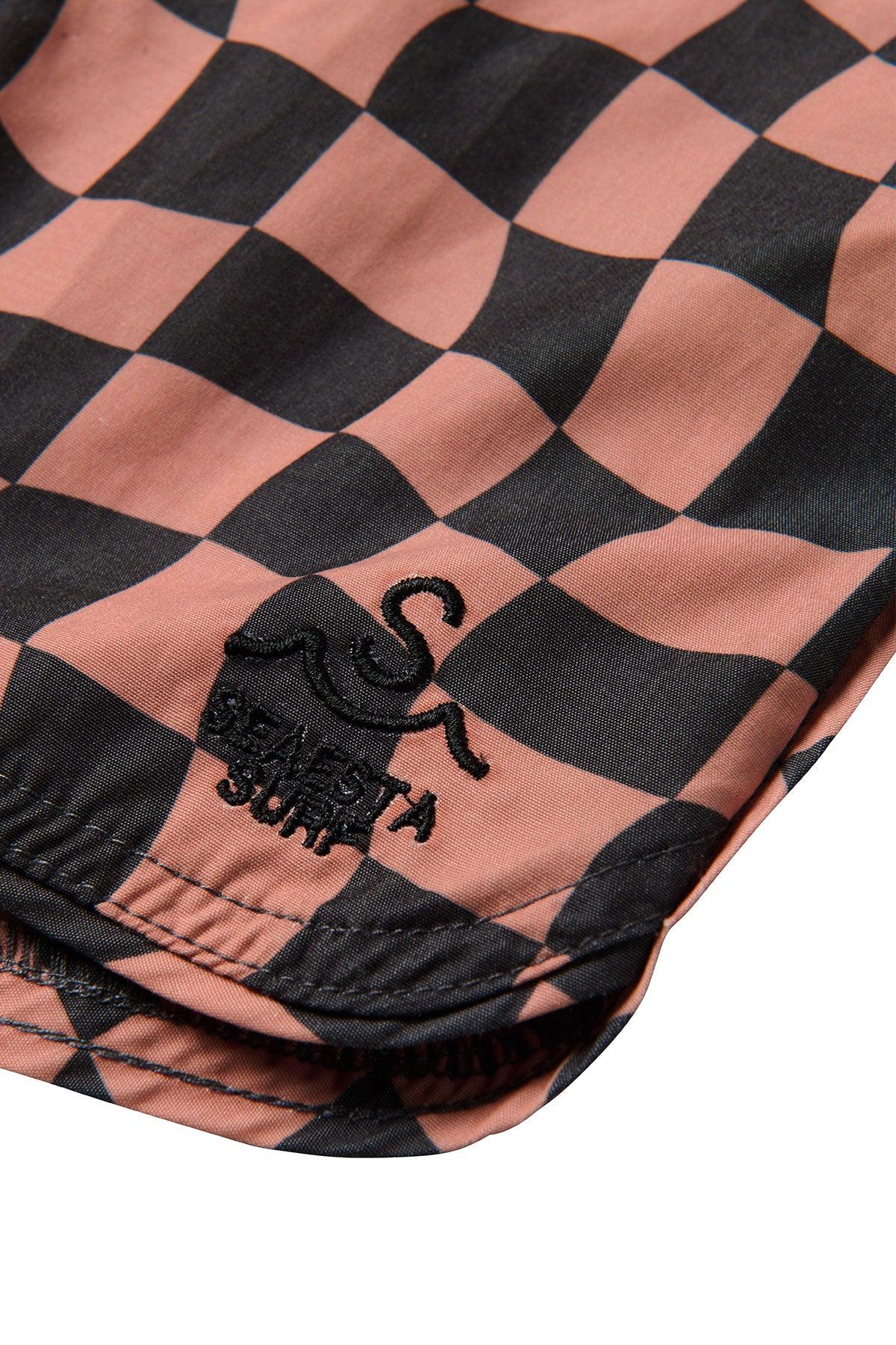 Seaesta Surf Boys Boardshorts – Scallop Retro Flare in Wavy Checks Cocoa