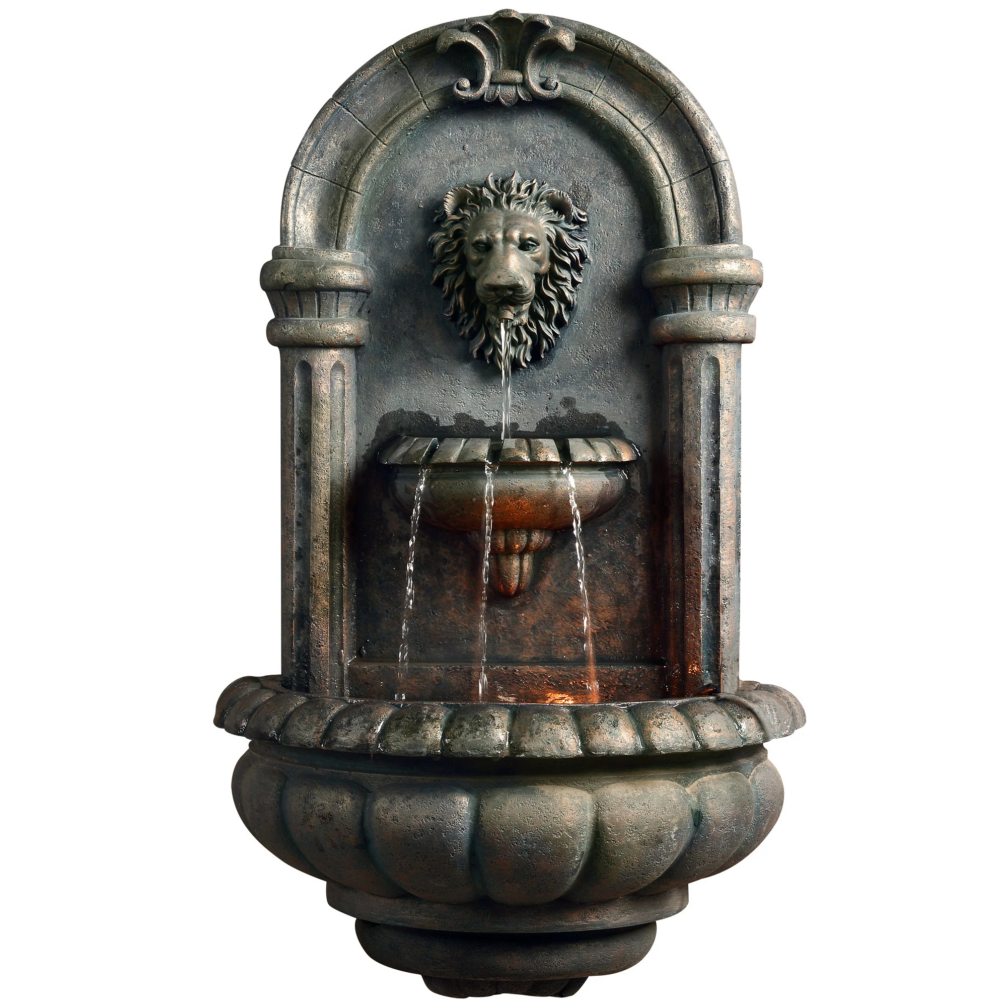 Teamson Home 32.09 Tiered Lion Head Stone LED Outdoor Water Fountain, Bronze