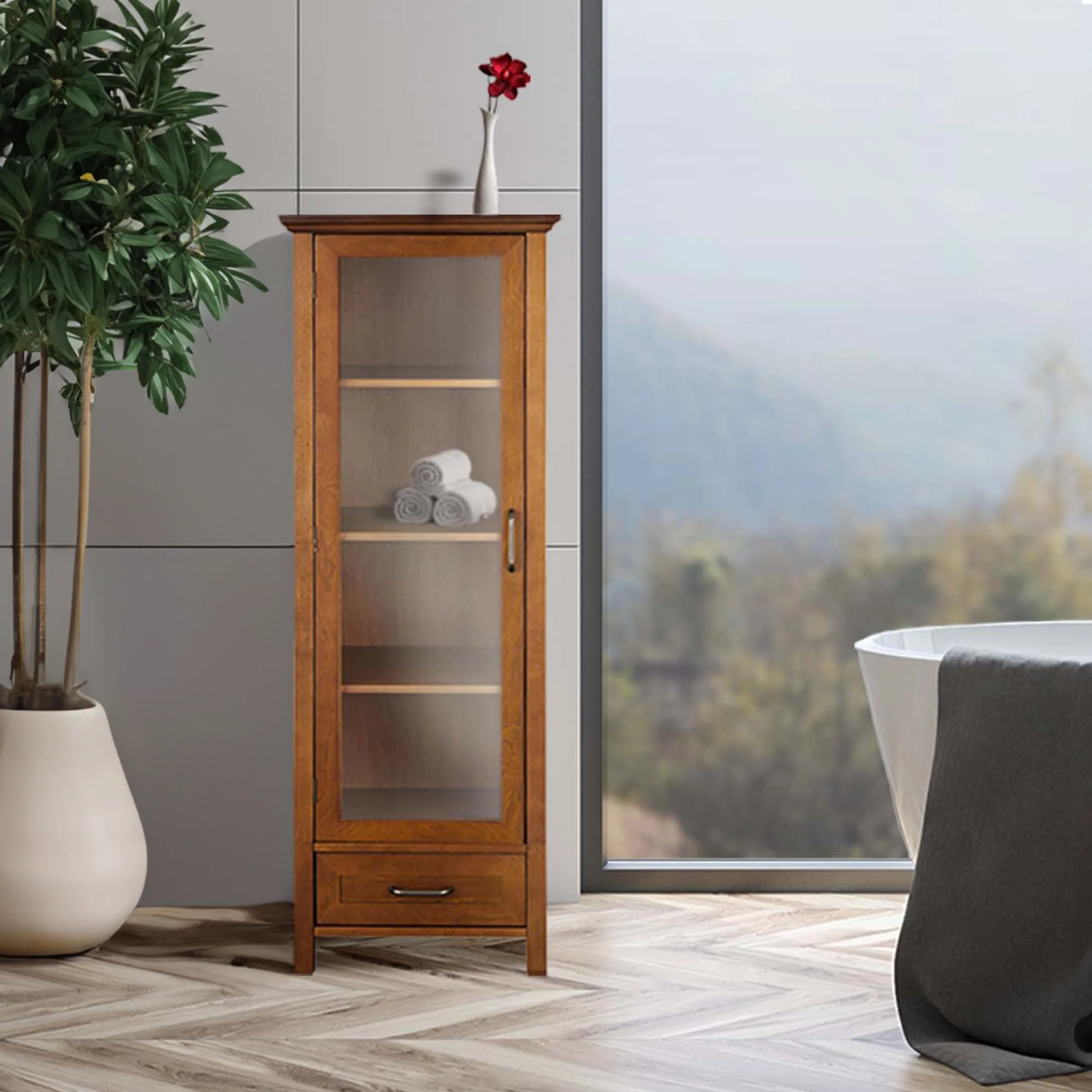 Teamson Home Avery Linen Tower Cabinet with Storage, Oiled Oak