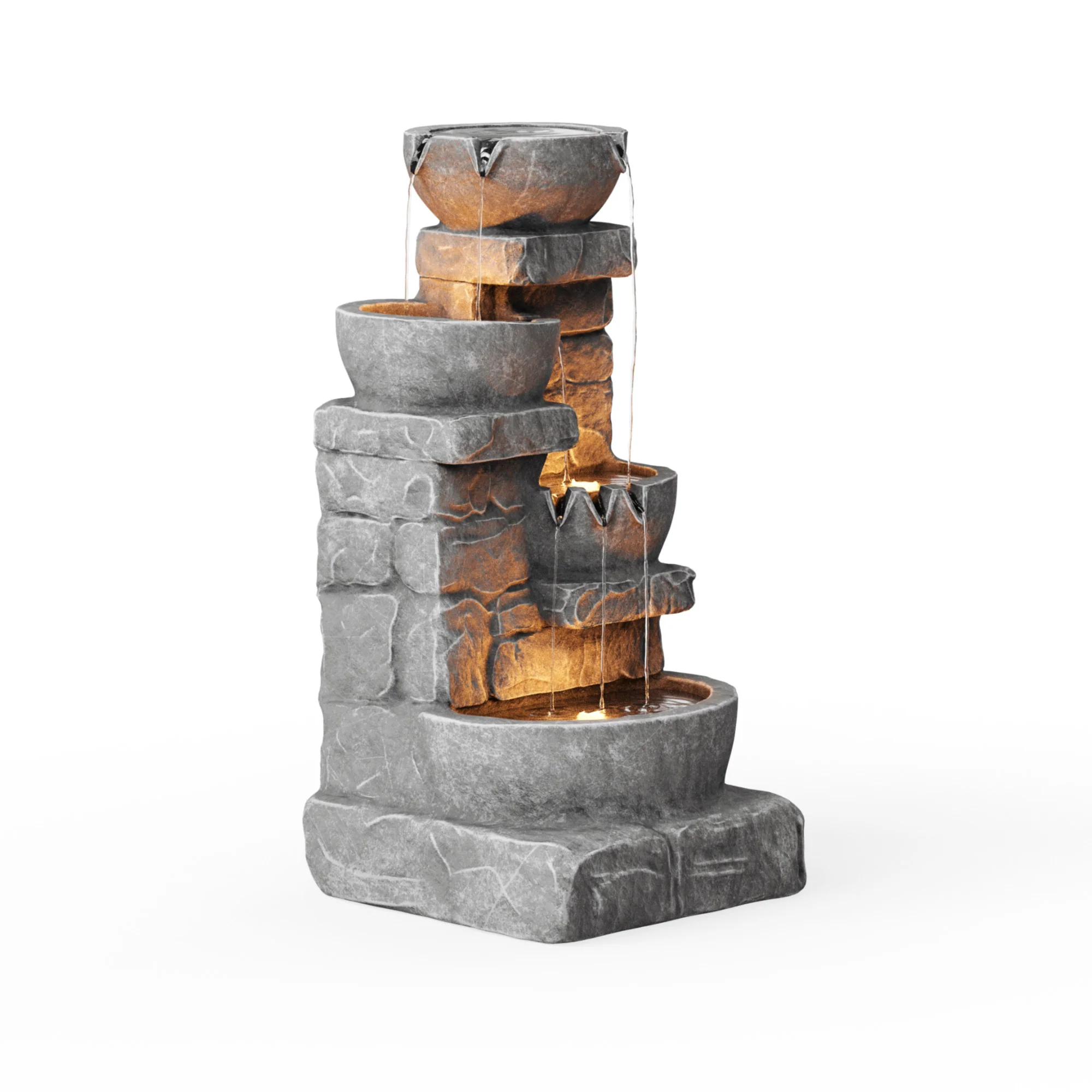 Teamson Home 33.25 Cascading Bowls & Stacked Stones LED Outdoor Water Fountain, Gray