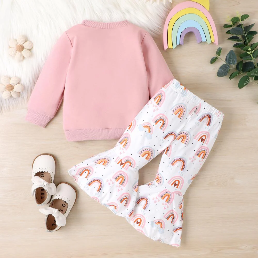 Autumn Girls' Rainbow Print Long Sleeve Round Neck Sweater Flare Pants 2 Piece Set Wholesale Girls Clothing