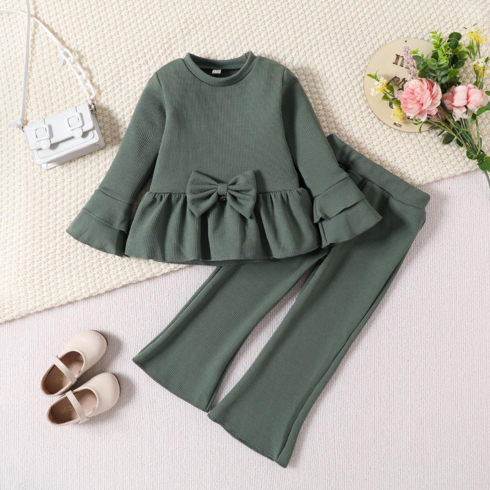 Autumn girls' long sleeved bow solid color top+bell bottoms 2-piece set Wholesale Girls Clothing