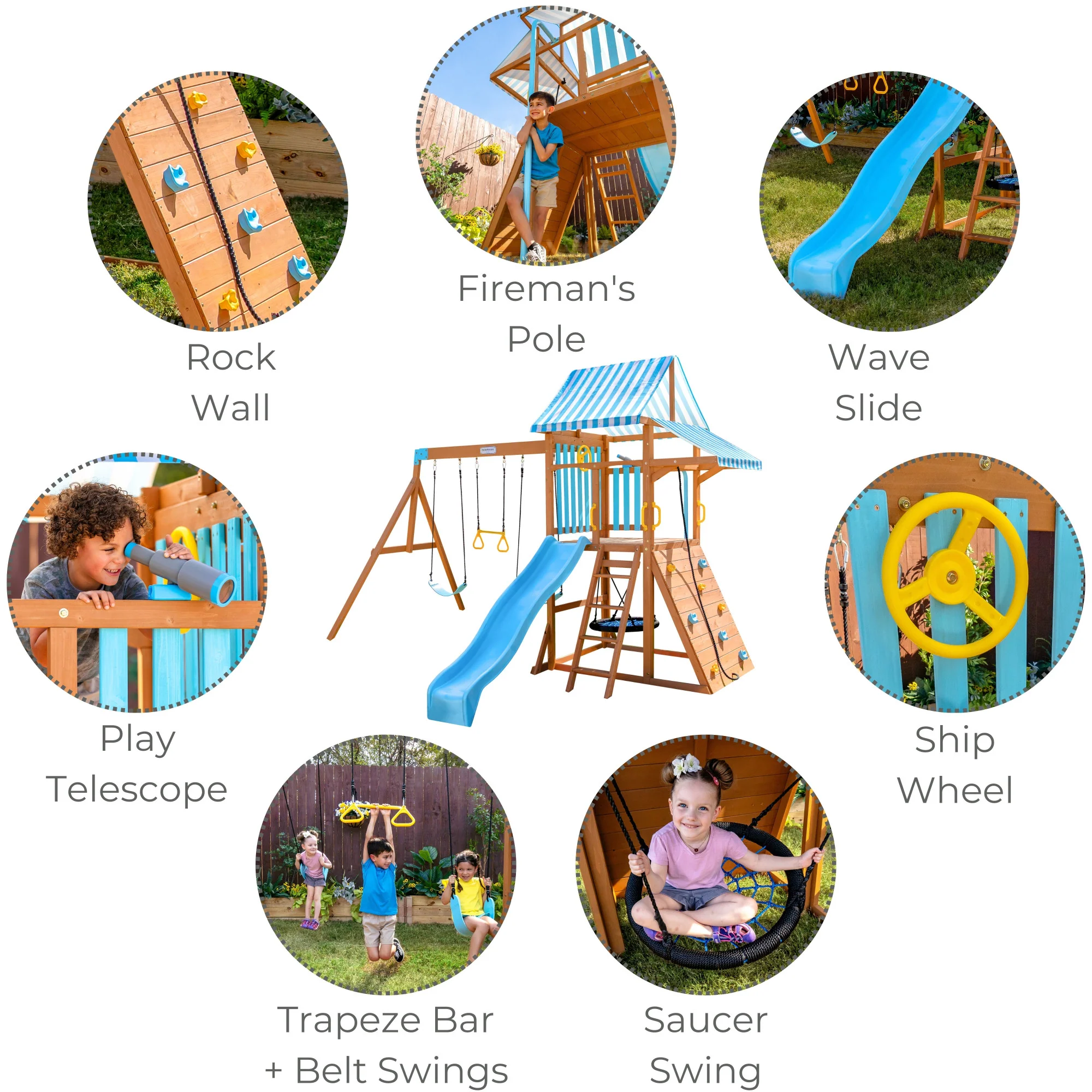 Teamson Kids Laguna Swing Playset with Platform & Rock Wall, Aqua & Natural