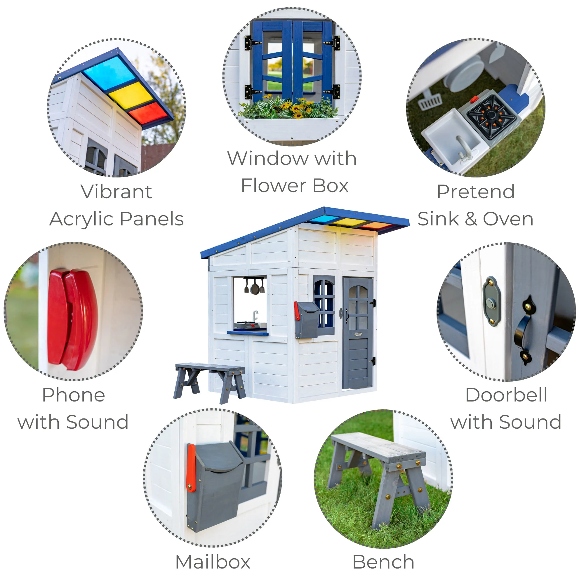 Teamson Kids Rainbow Shade Wooden Playhouse with Kitchen and Bench, White