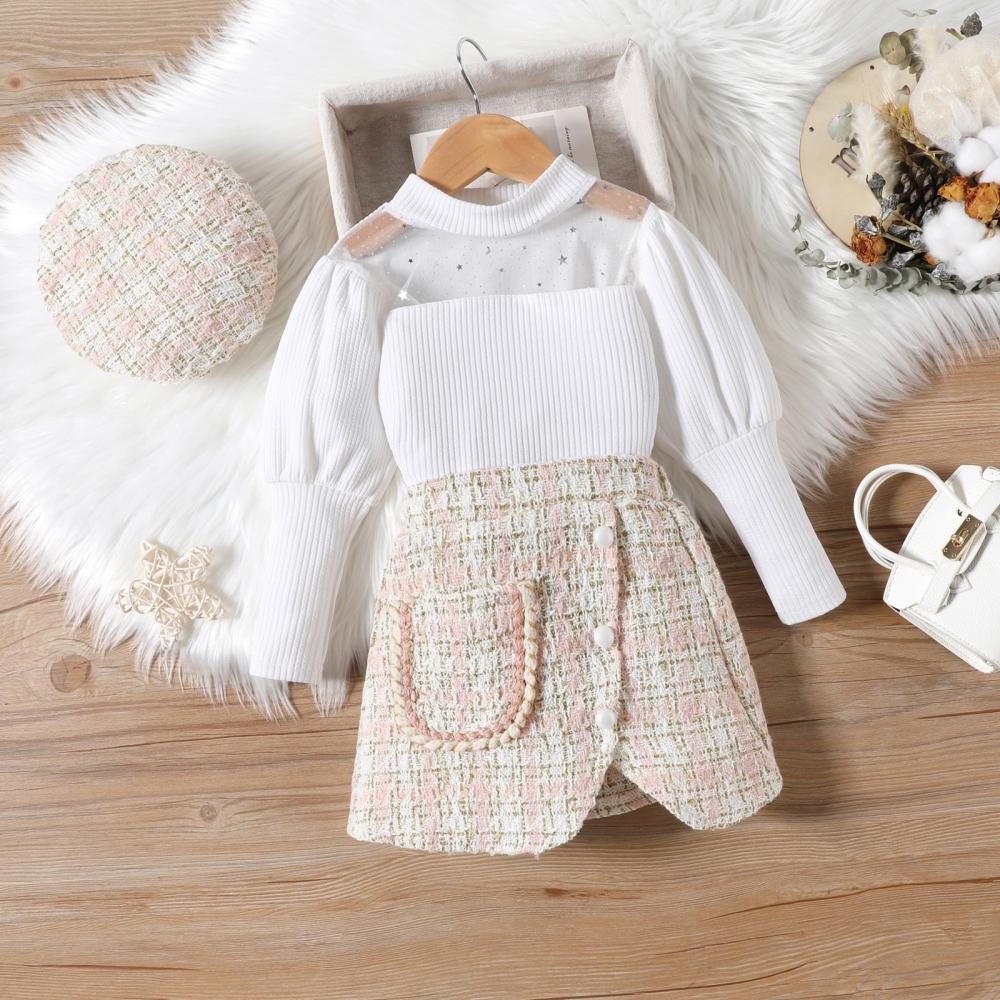 Autumn and Winter Mesh Neckline Bubble Sleeve Top Short Skirt with Hat 3 Piece Set Wholesale Girls Clothing