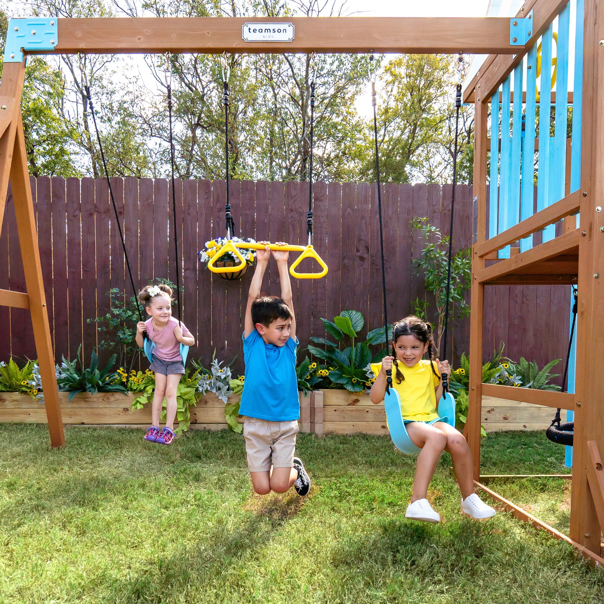 Teamson Kids Laguna Swing Playset with Platform & Rock Wall, Aqua & Natural