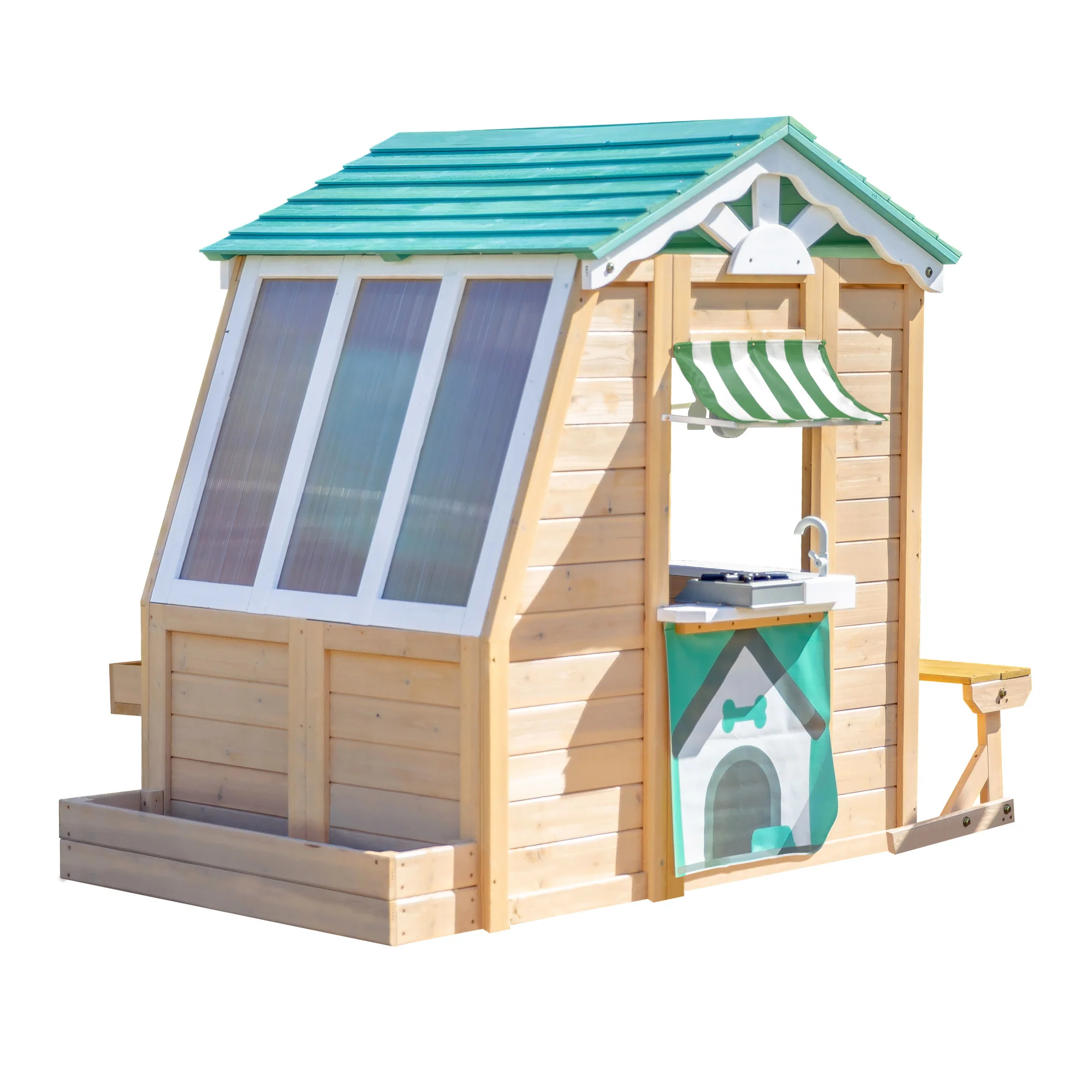 Teamson Kids Gardenia Wooden Playhouse with Garden Window, Tan & Green