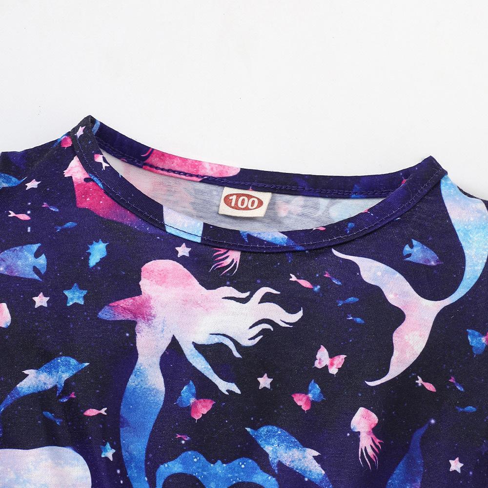 Girls' printed mermaid princess mesh short sleeved dress Wholesale Girls Dresses