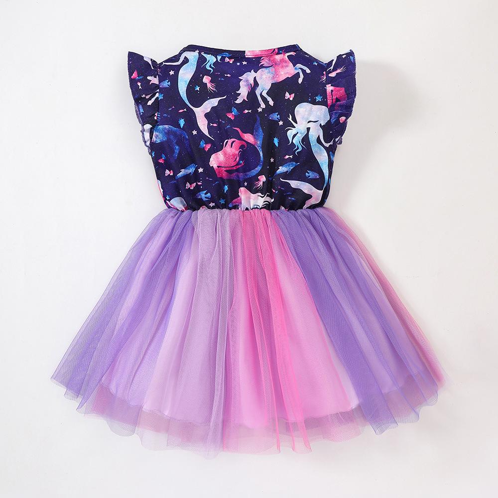 Girls' printed mermaid princess mesh short sleeved dress Wholesale Girls Dresses