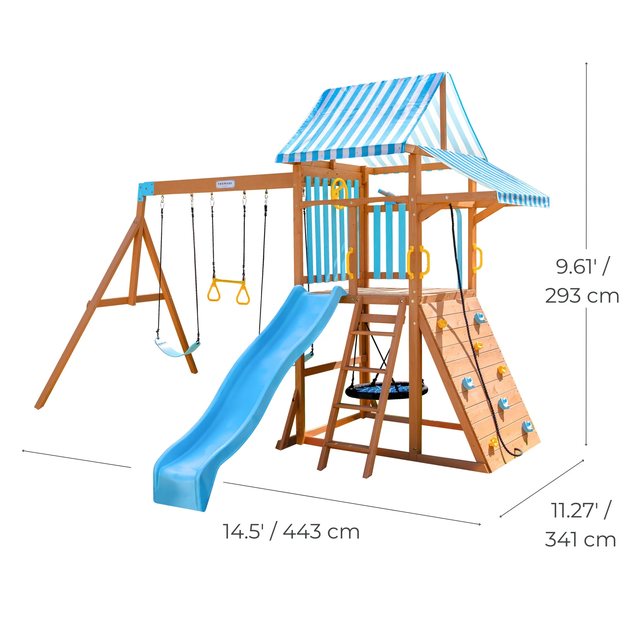 Teamson Kids Laguna Swing Playset with Platform & Rock Wall, Aqua & Natural