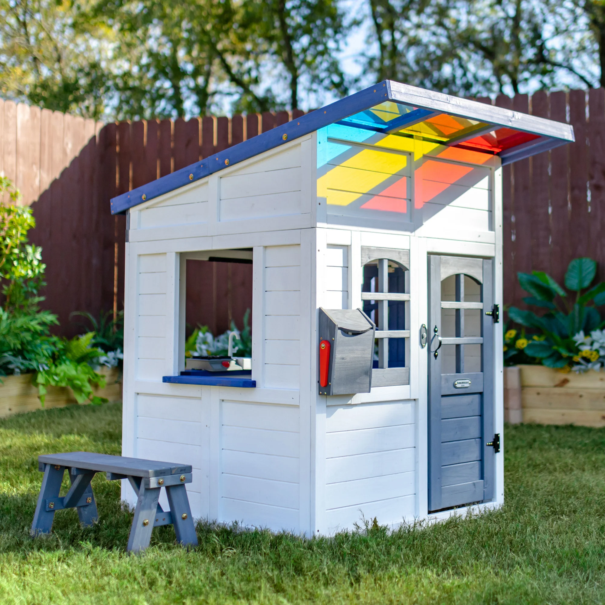 Teamson Kids Rainbow Shade Wooden Playhouse with Kitchen and Bench, White