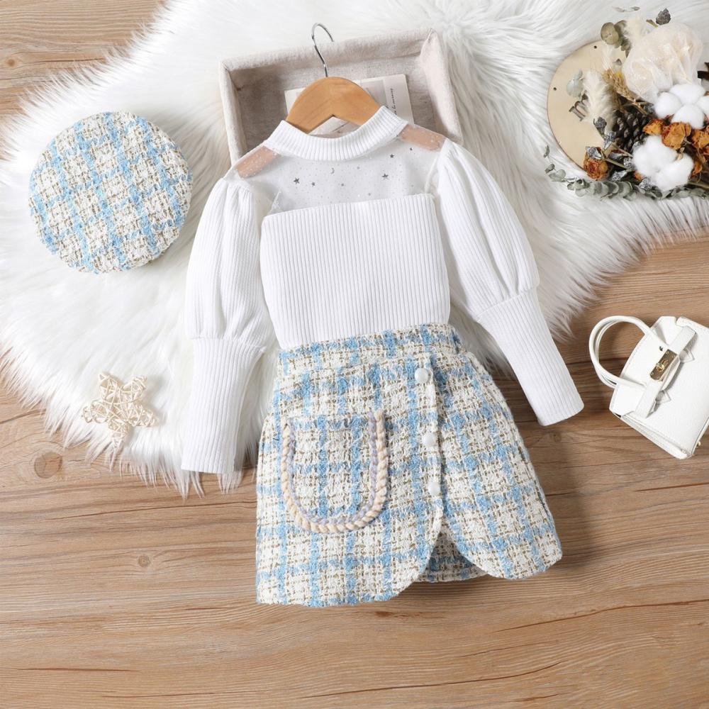 Autumn and Winter Mesh Neckline Bubble Sleeve Top Short Skirt with Hat 3 Piece Set Wholesale Girls Clothing