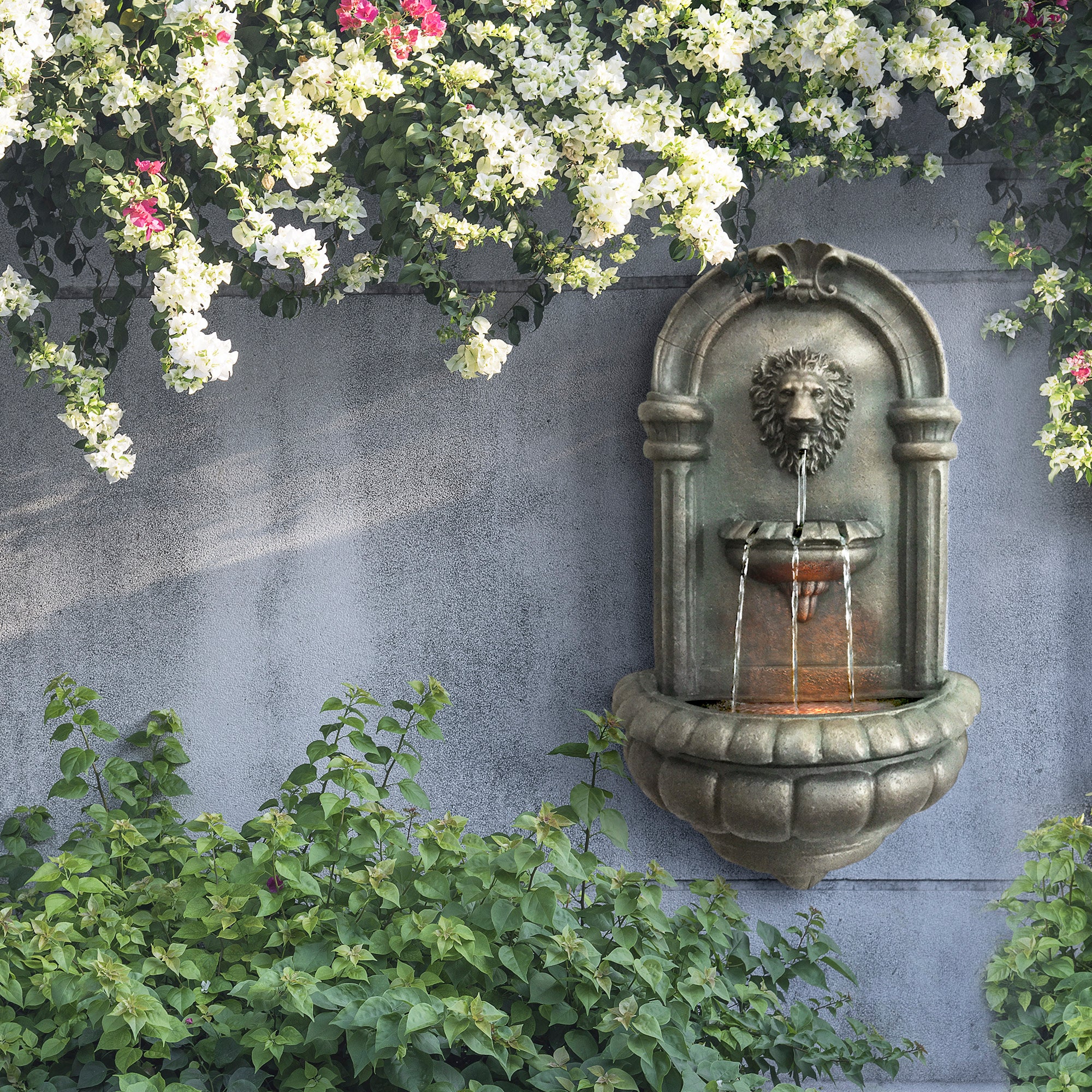Teamson Home 32.09 Tiered Lion Head Stone LED Outdoor Water Fountain, Bronze