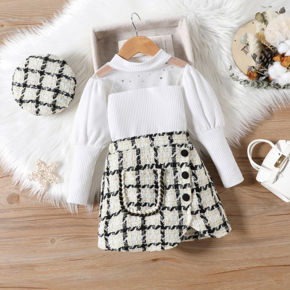 Autumn and Winter Mesh Neckline Bubble Sleeve Top Short Skirt with Hat 3 Piece Set Wholesale Girls Clothing