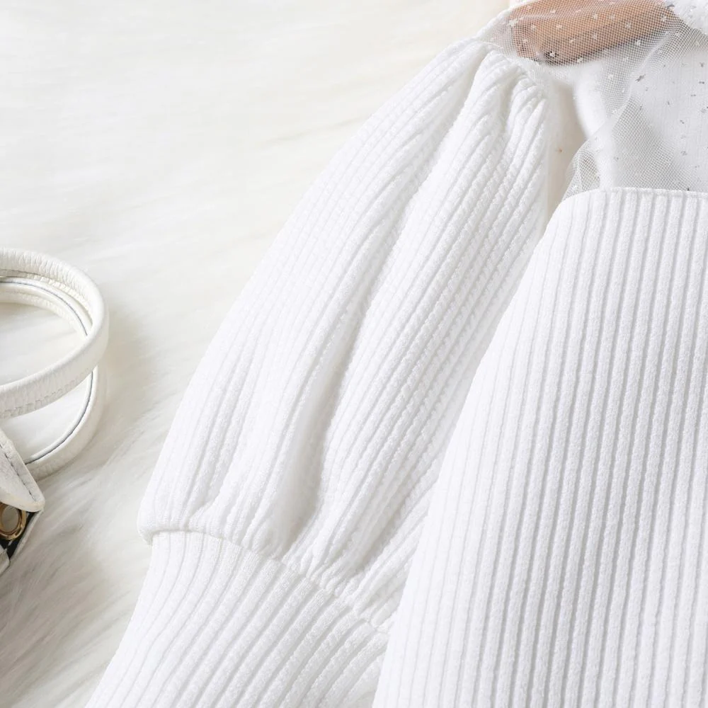 Autumn and Winter Mesh Neckline Bubble Sleeve Top Short Skirt with Hat 3 Piece Set Wholesale Girls Clothing