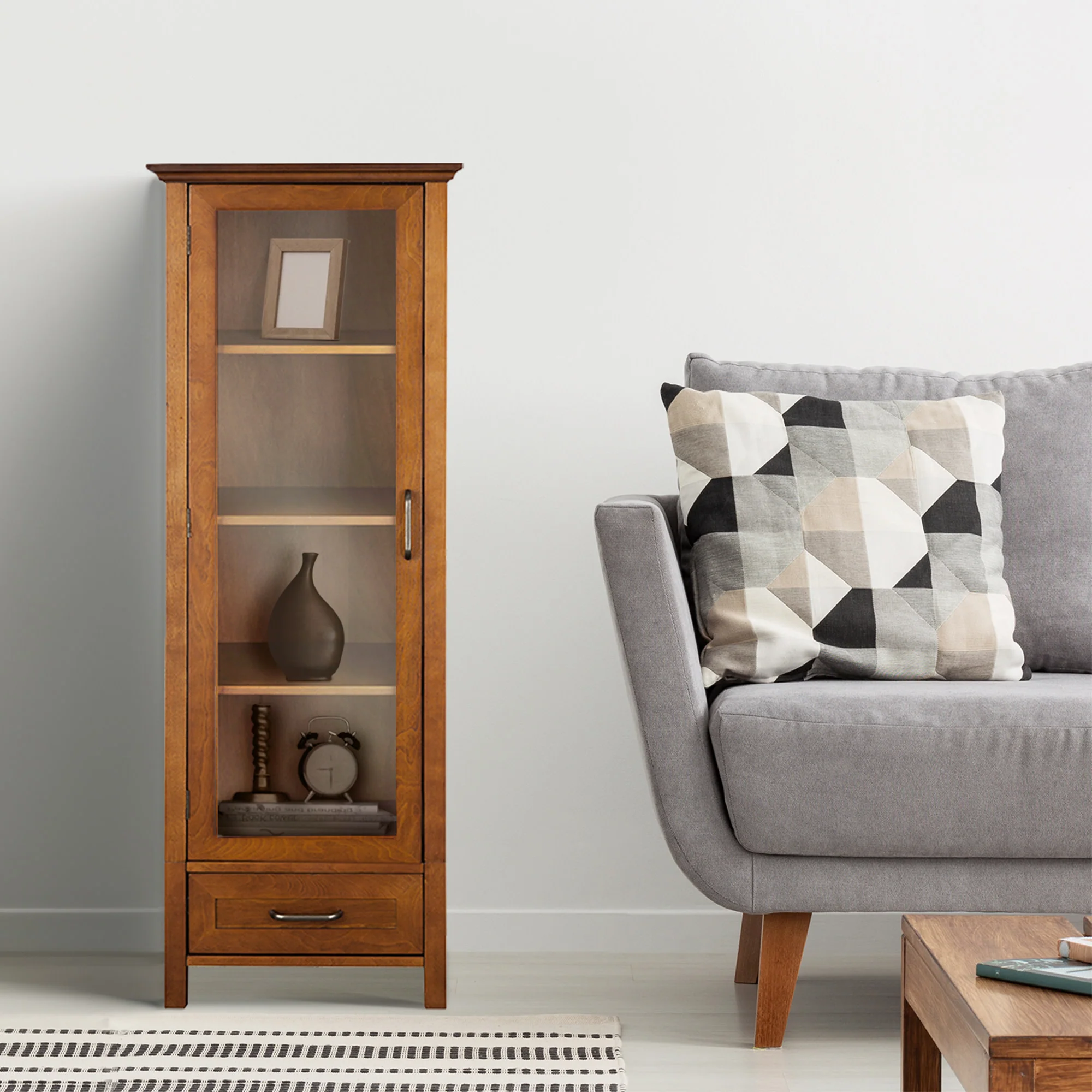 Teamson Home Avery Linen Tower Cabinet with Storage, Oiled Oak