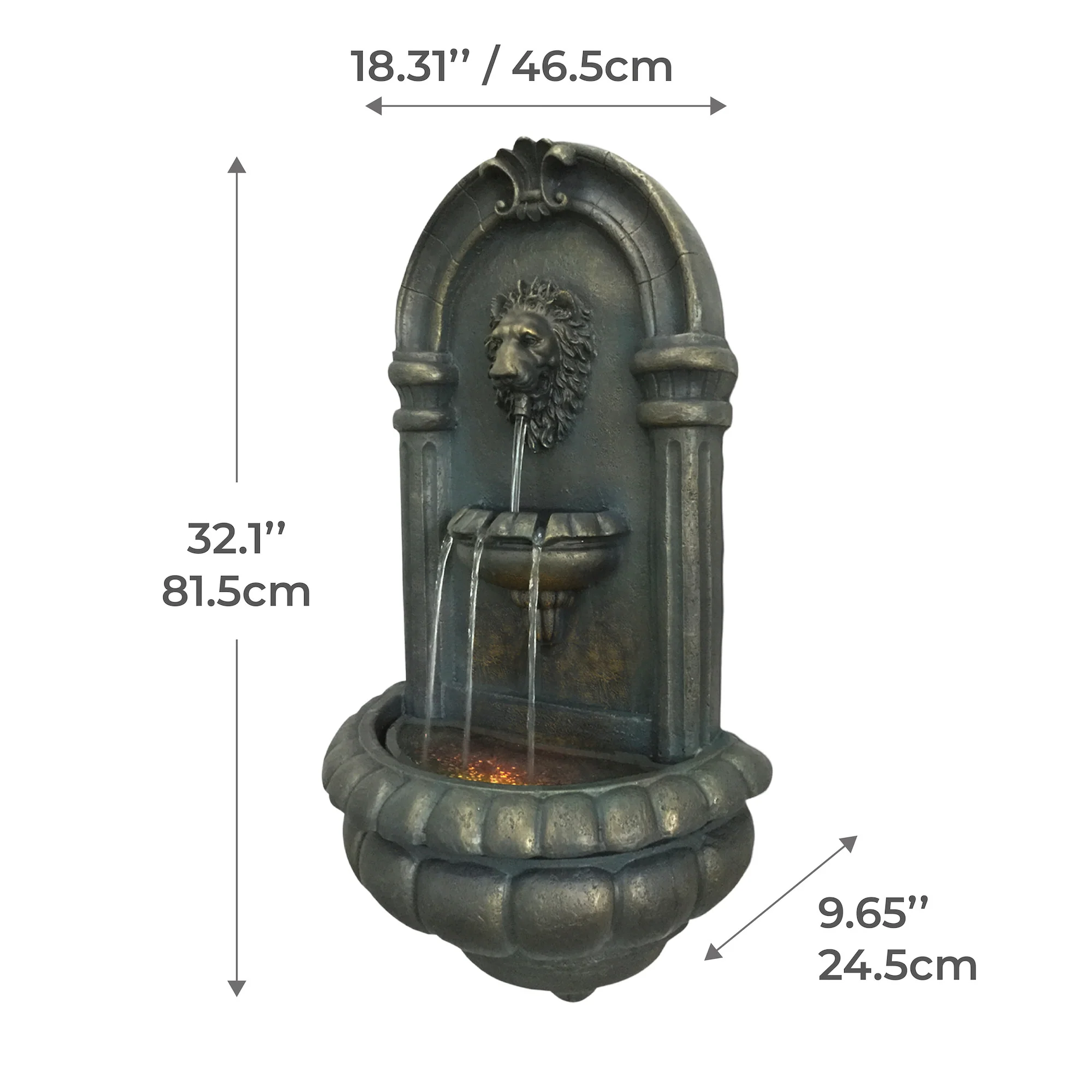 Teamson Home 32.09 Tiered Lion Head Stone LED Outdoor Water Fountain, Bronze