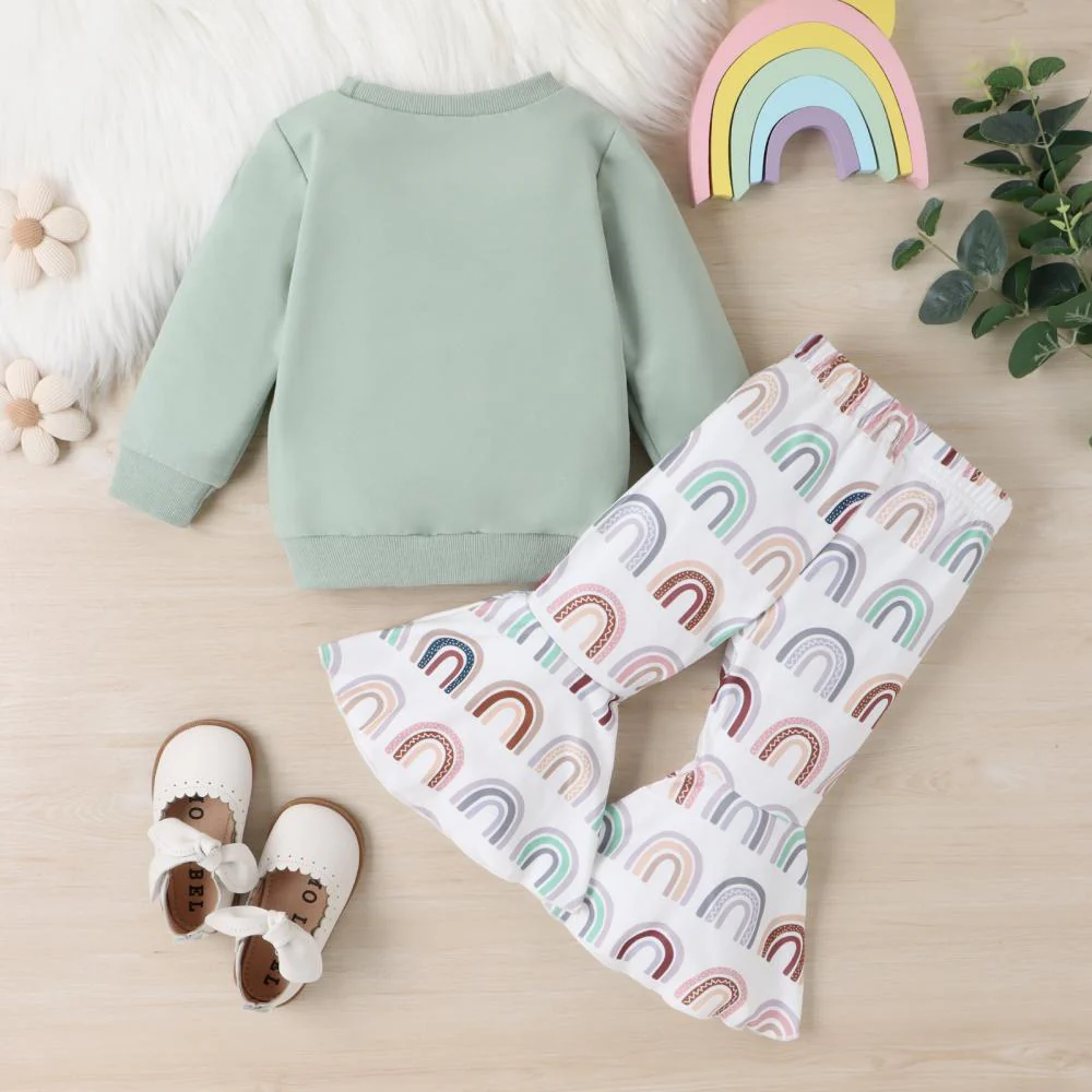 Autumn Girls' Rainbow Print Long Sleeve Round Neck Sweater Flare Pants 2 Piece Set Wholesale Girls Clothing