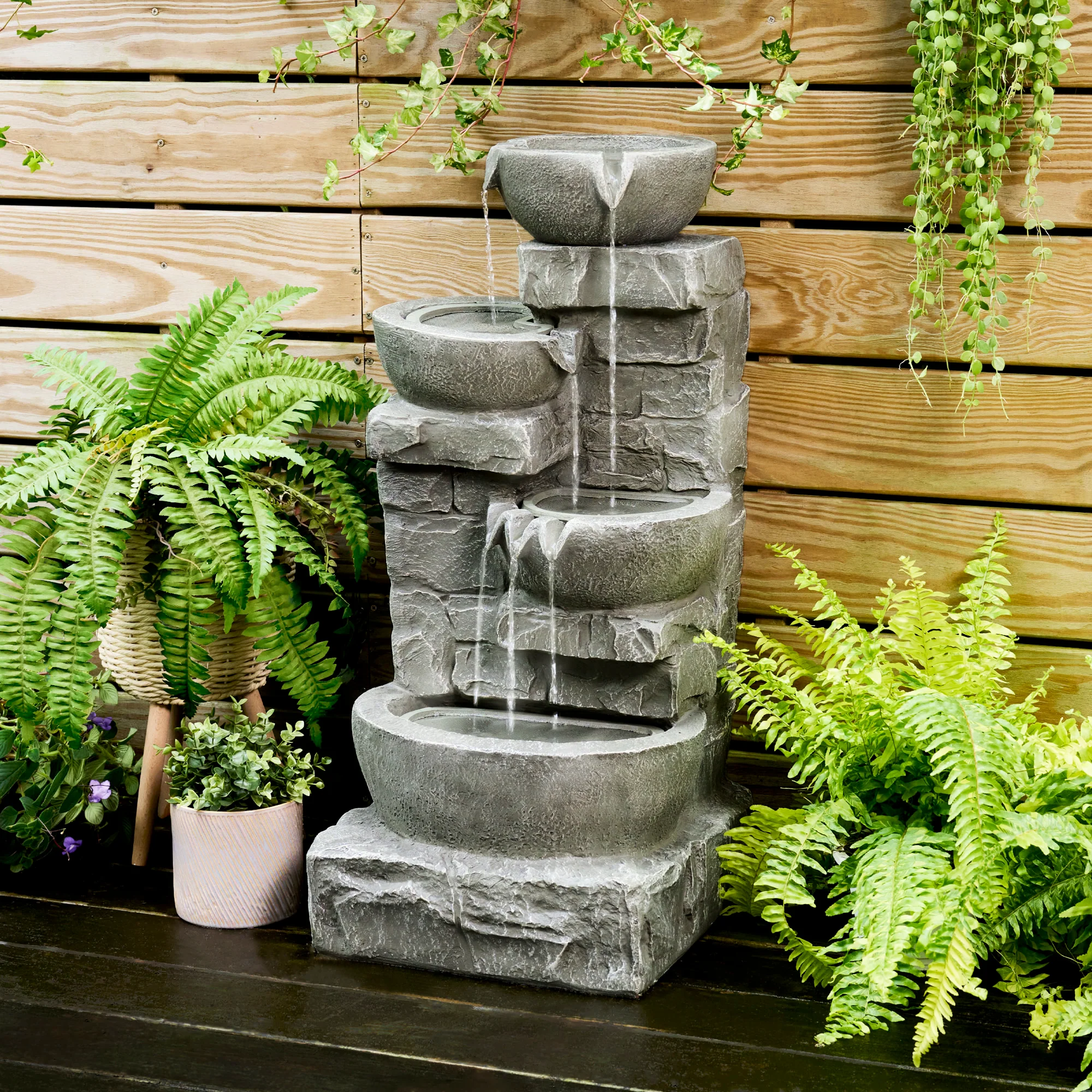 Teamson Home 33.25 Cascading Bowls & Stacked Stones LED Outdoor Water Fountain, Gray
