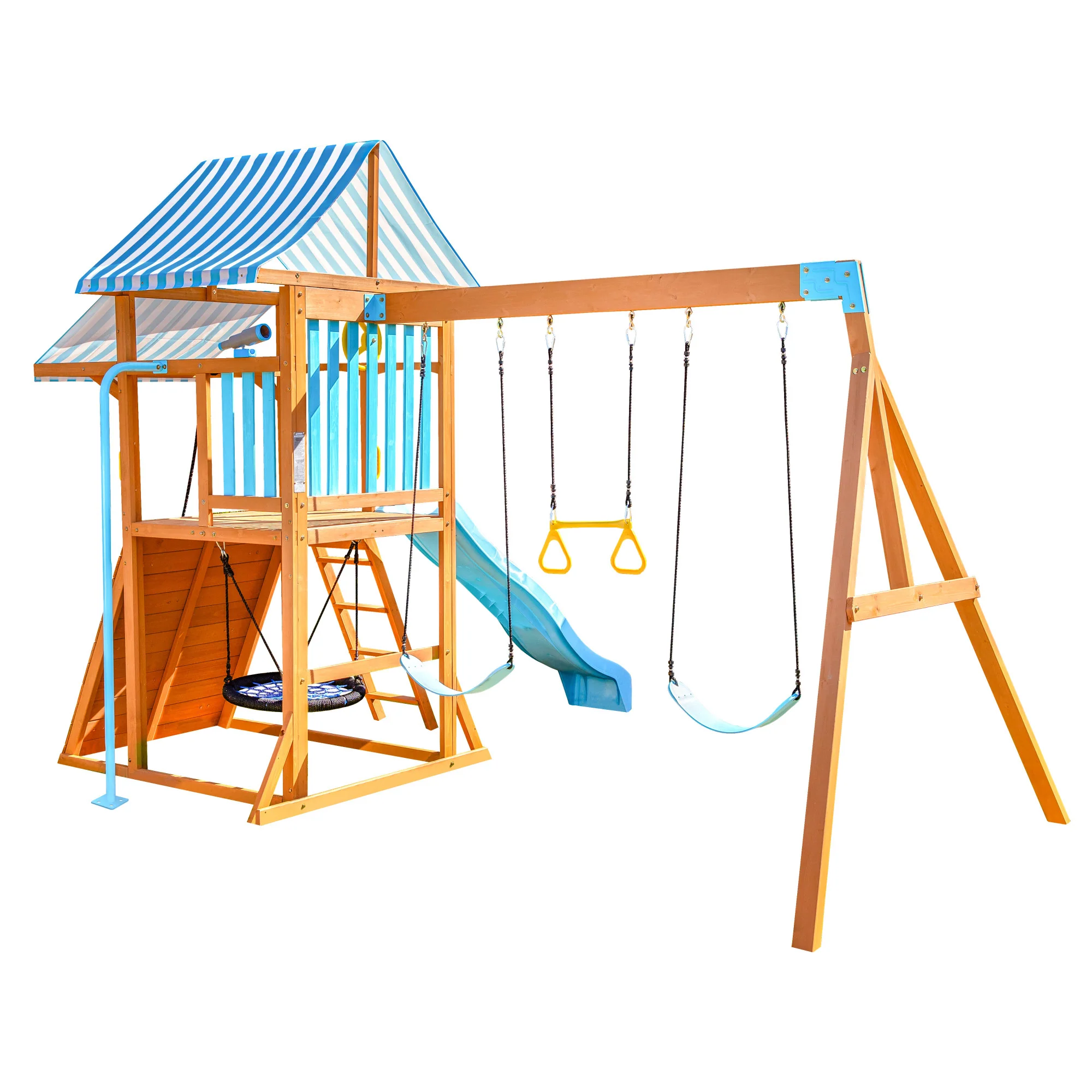 Teamson Kids Laguna Swing Playset with Platform & Rock Wall, Aqua & Natural