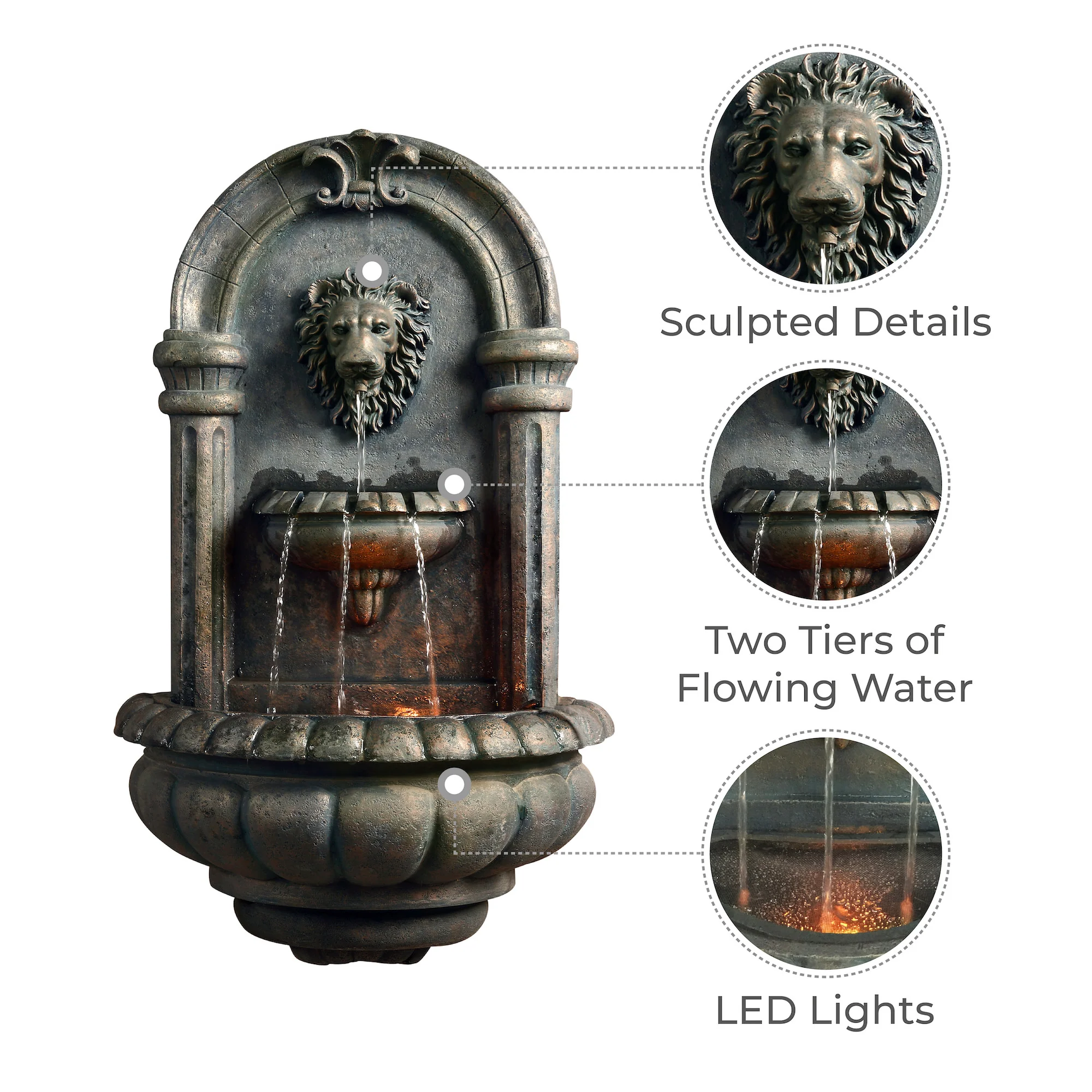Teamson Home 32.09 Tiered Lion Head Stone LED Outdoor Water Fountain, Bronze