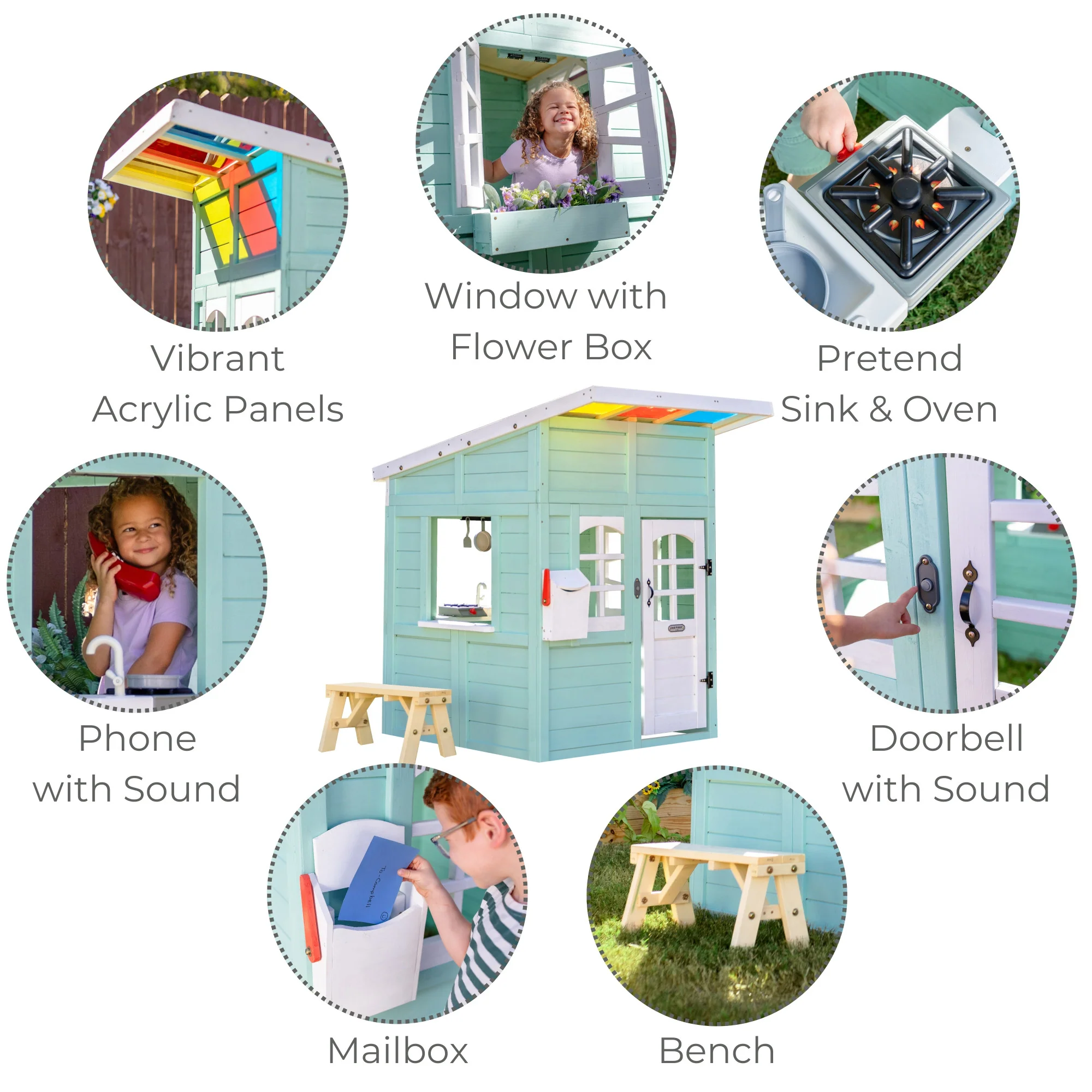 Teamson Kids Rainbow Shade Wooden Playhouse with Kitchen and Bench, Mint