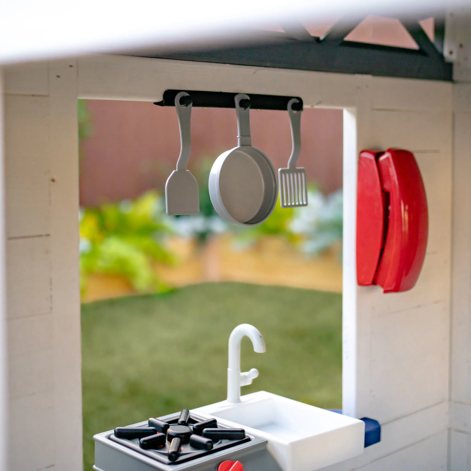 Teamson Kids Rainbow Shade Wooden Playhouse with Kitchen and Bench, White