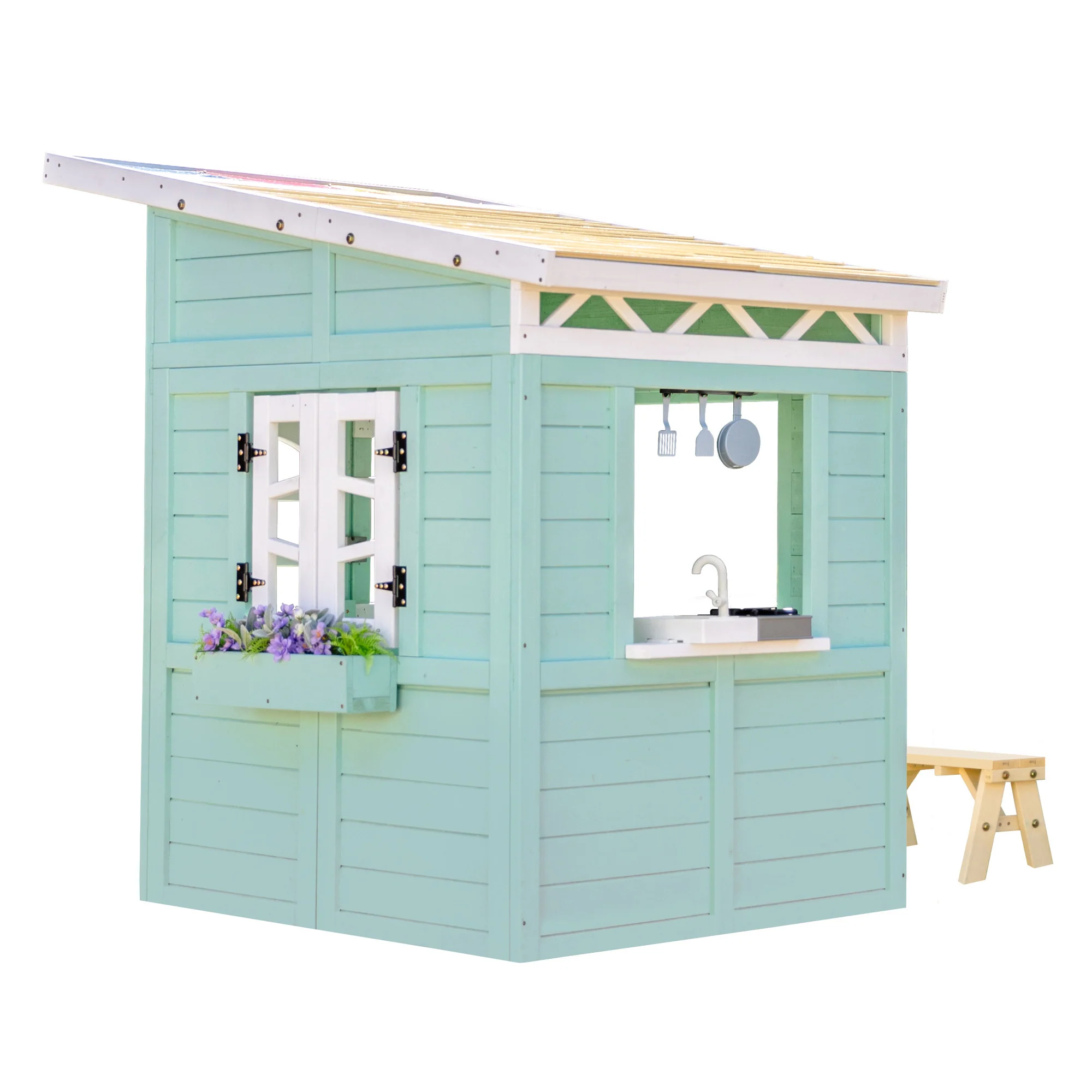 Teamson Kids Rainbow Shade Wooden Playhouse with Kitchen and Bench, Mint