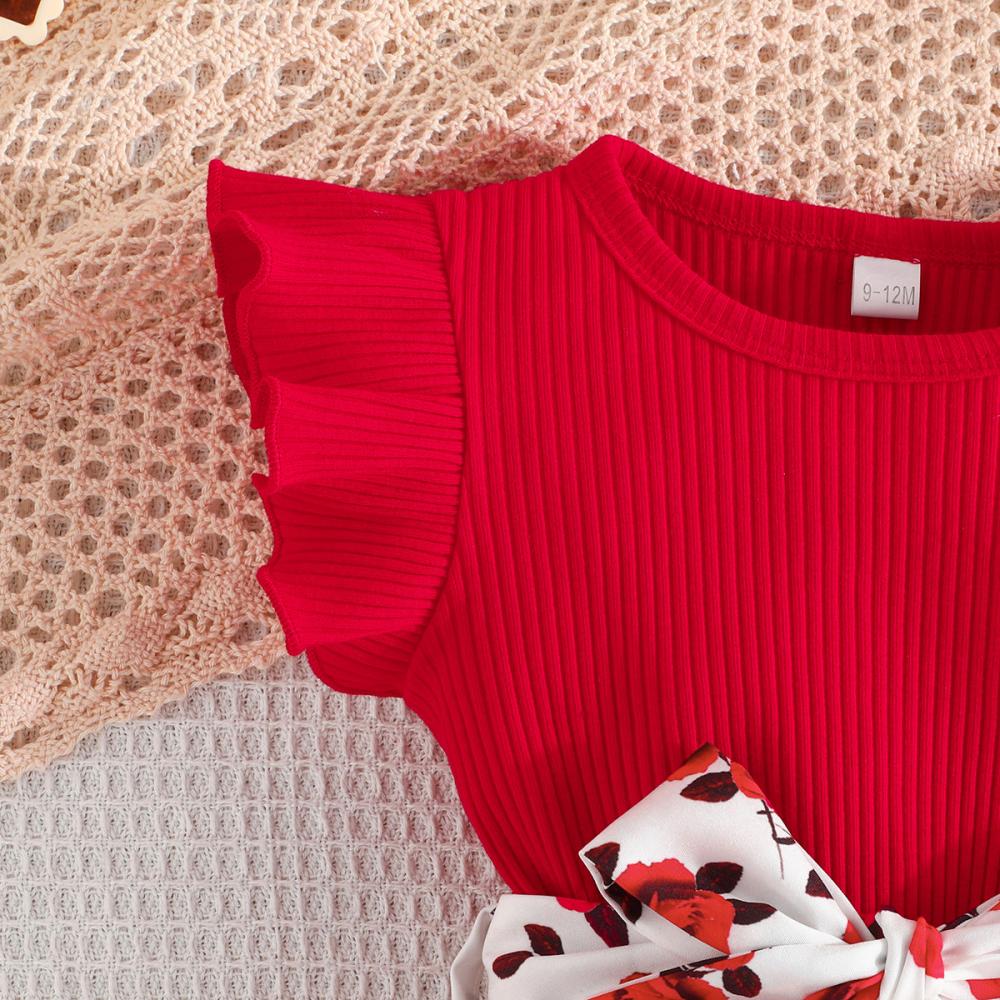 Spring and summer flying sleeve dress+belt two -piece putting rose printed Valentine's Day fashion versatile young children Baby Wholesale dresses