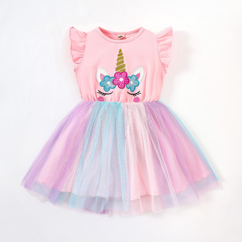 Summer Girls' Cartoon Unicorn Mesh Short Sleeve Princess Dress Wholesale Girls Dresses