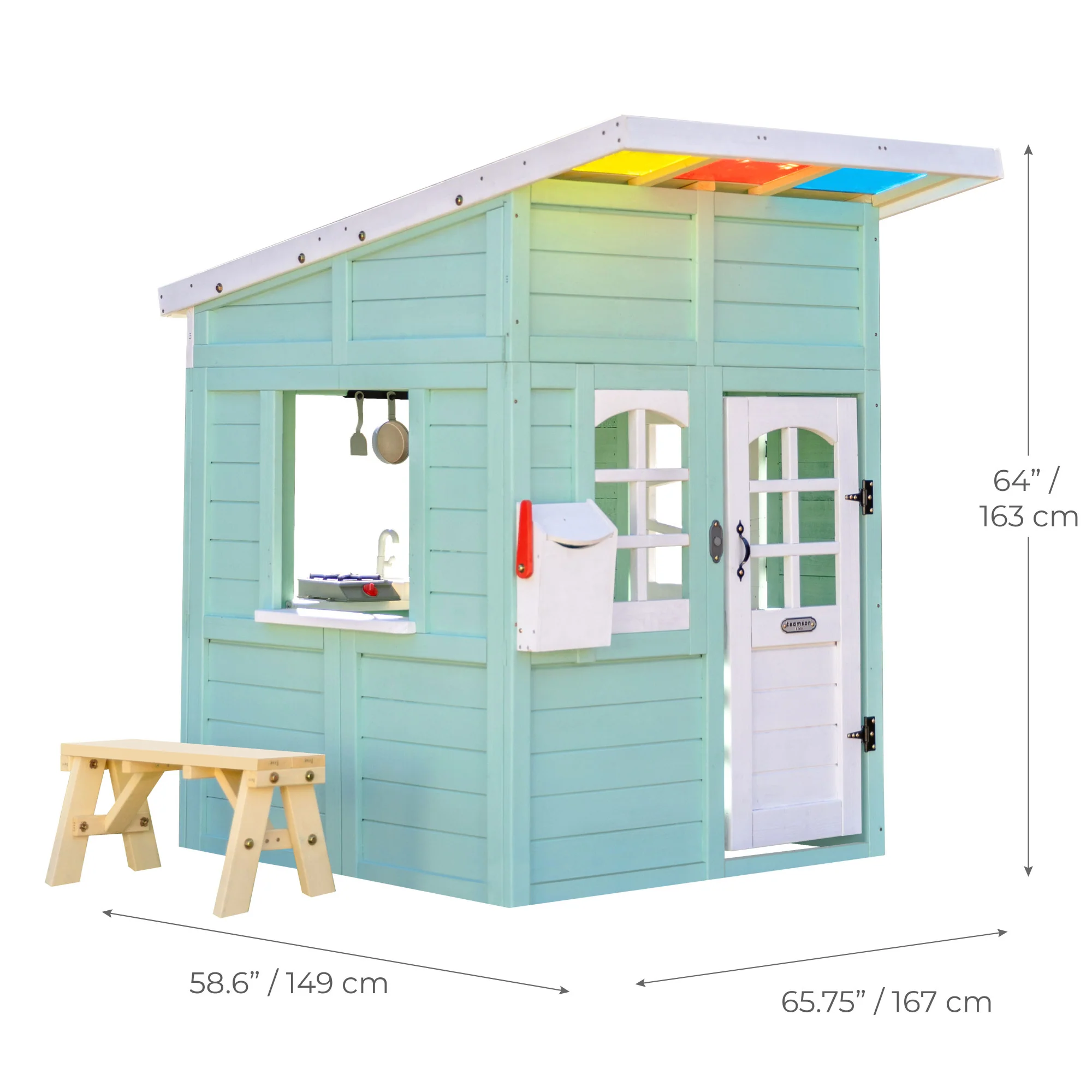 Teamson Kids Rainbow Shade Wooden Playhouse with Kitchen and Bench, Mint