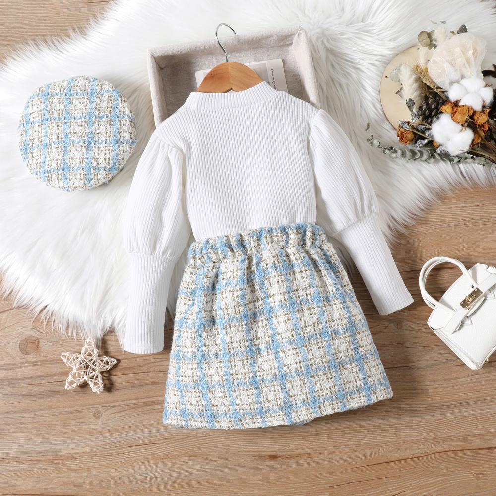 Autumn and Winter Mesh Neckline Bubble Sleeve Top Short Skirt with Hat 3 Piece Set Wholesale Girls Clothing