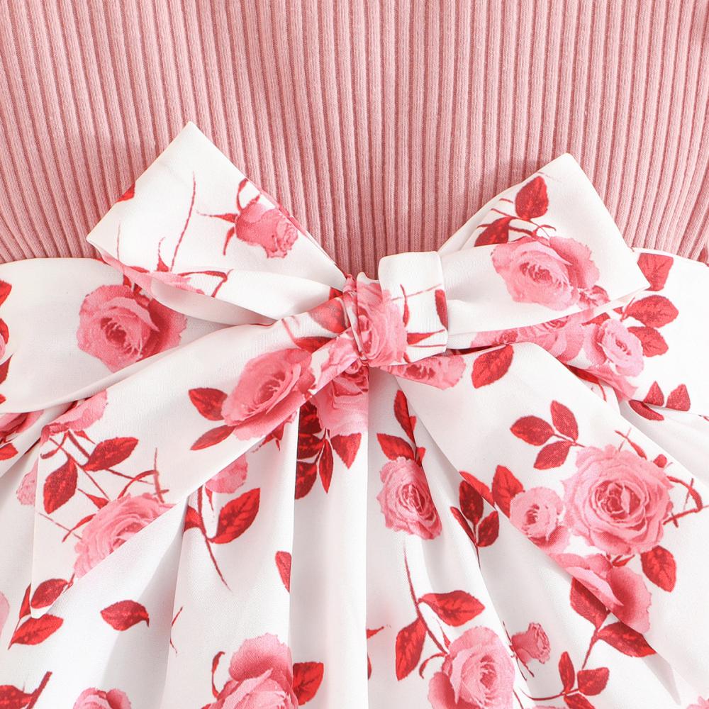 Spring and summer flying sleeve dress+belt two -piece putting rose printed Valentine's Day fashion versatile young children Baby Wholesale dresses