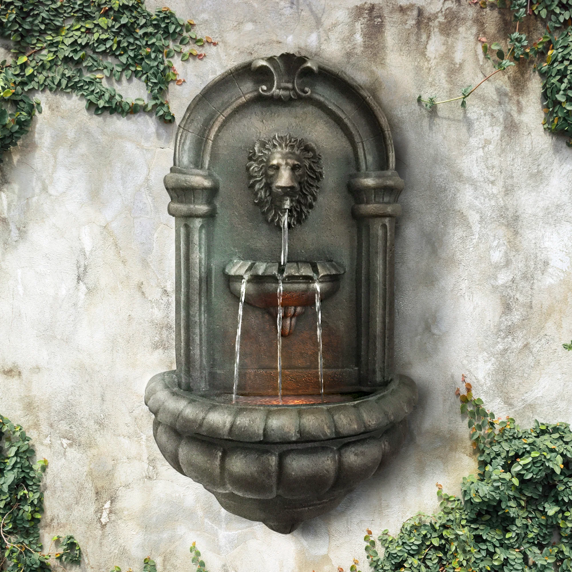 Teamson Home 32.09 Tiered Lion Head Stone LED Outdoor Water Fountain, Bronze